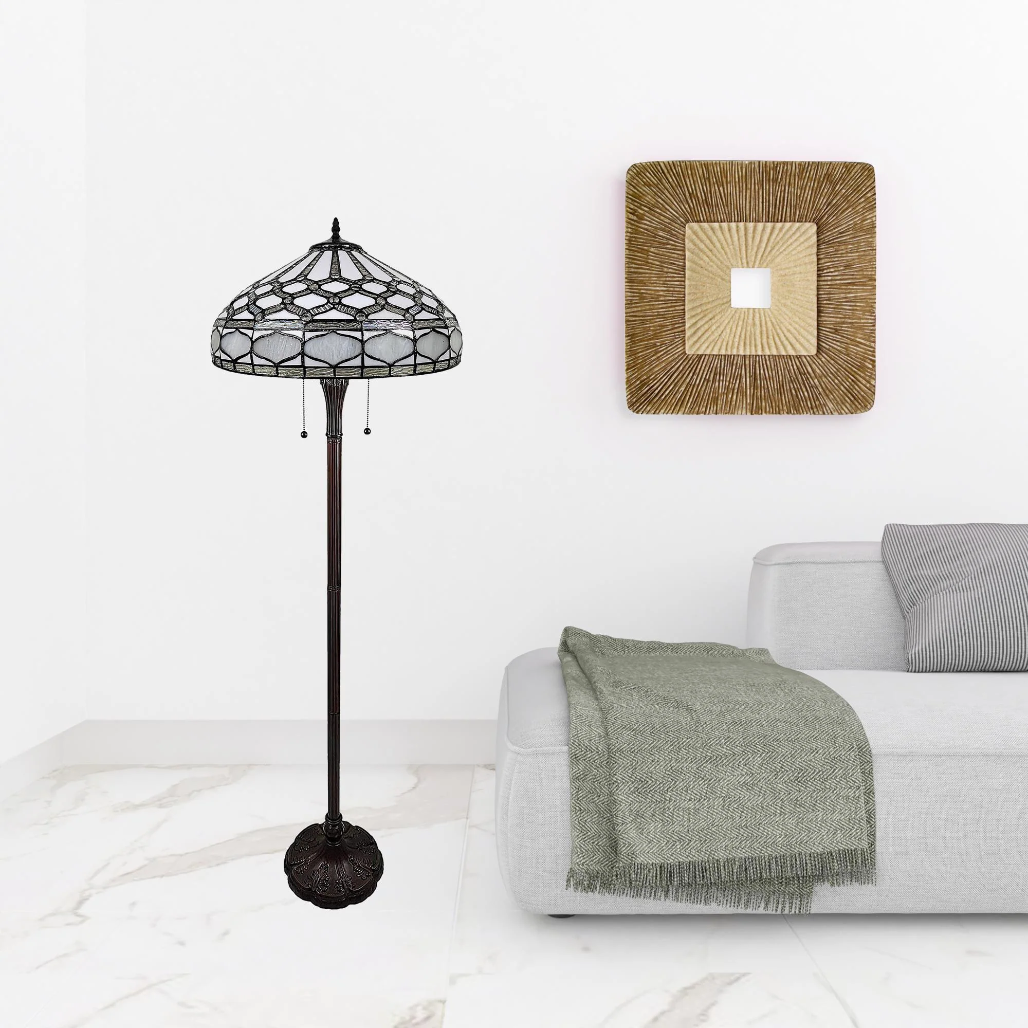 Brown And White Two Light Torchiere Floor Lamp With White Geometric Glass Dome Shade By Homeroots - Image 2