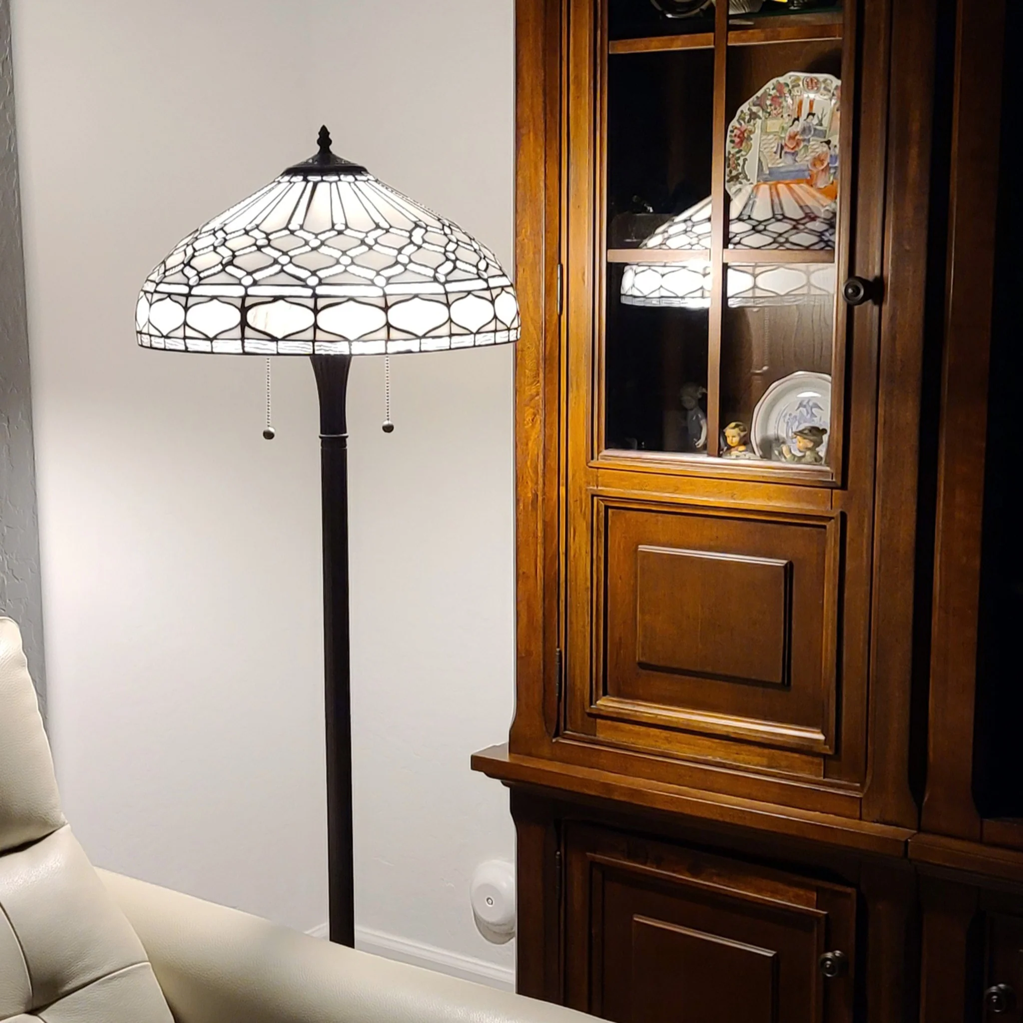 Brown And White Two Light Torchiere Floor Lamp With White Geometric Glass Dome Shade By Homeroots - Image 6