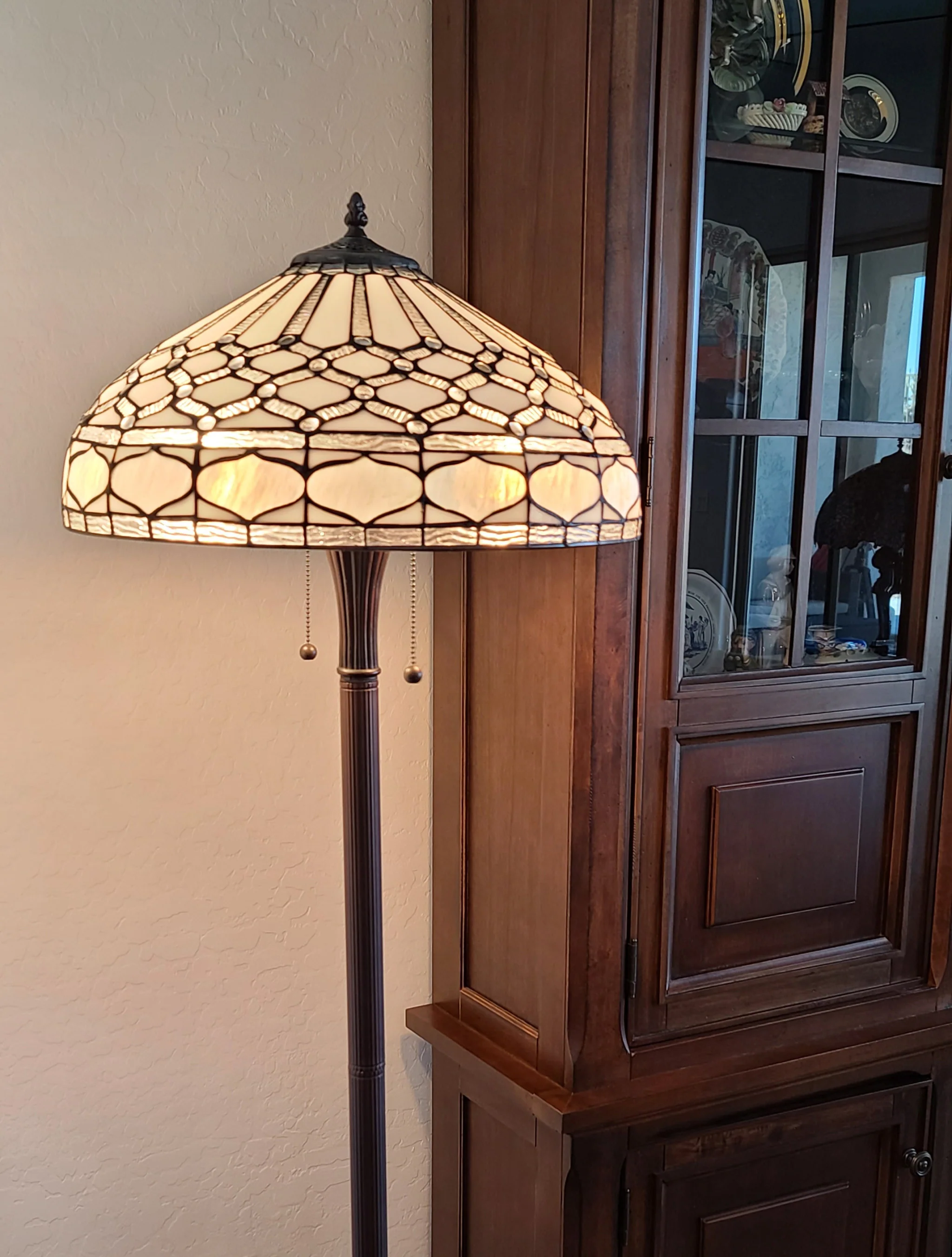 Brown And White Two Light Torchiere Floor Lamp With White Geometric Glass Dome Shade By Homeroots - Image 7