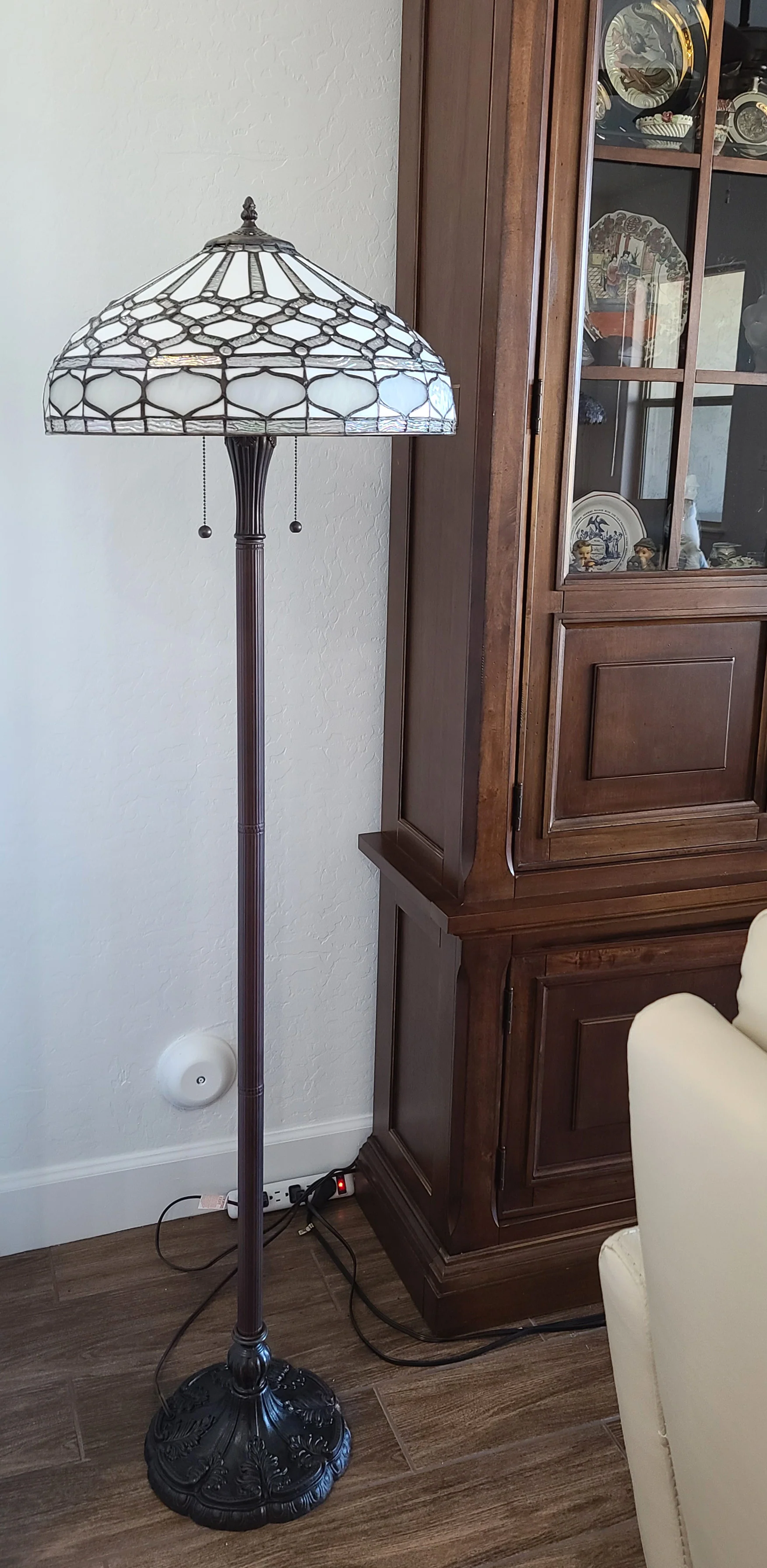 Brown And White Two Light Torchiere Floor Lamp With White Geometric Glass Dome Shade By Homeroots - Image 8