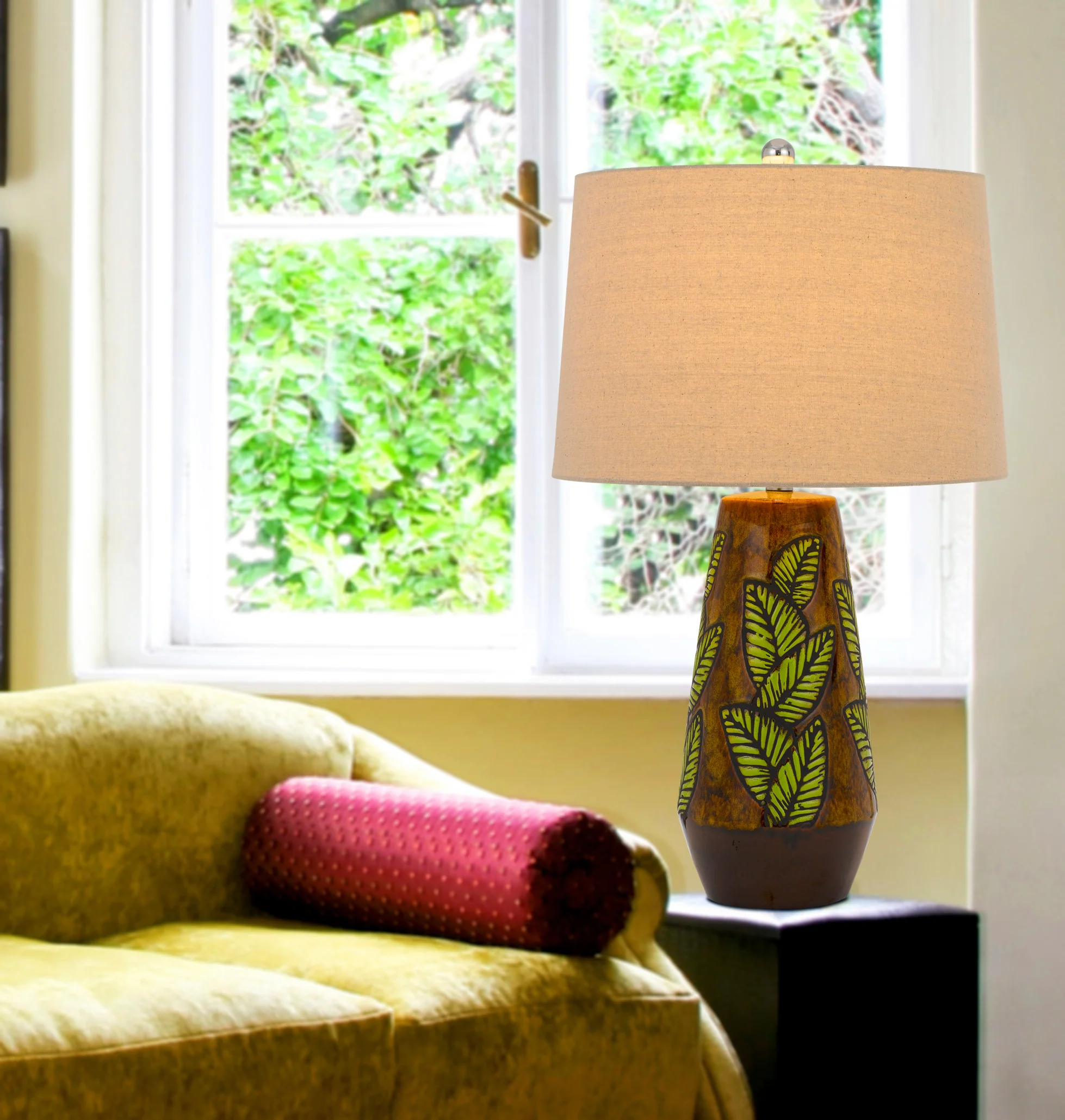 Brown Ceramic Cylinder Table Lamp With Tan Empire Shade By Homeroots - Image 3