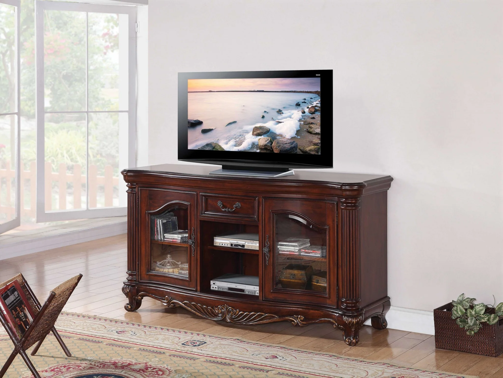 Brown Cherry Wood Glass TV Stand By Homeroots - Image 2