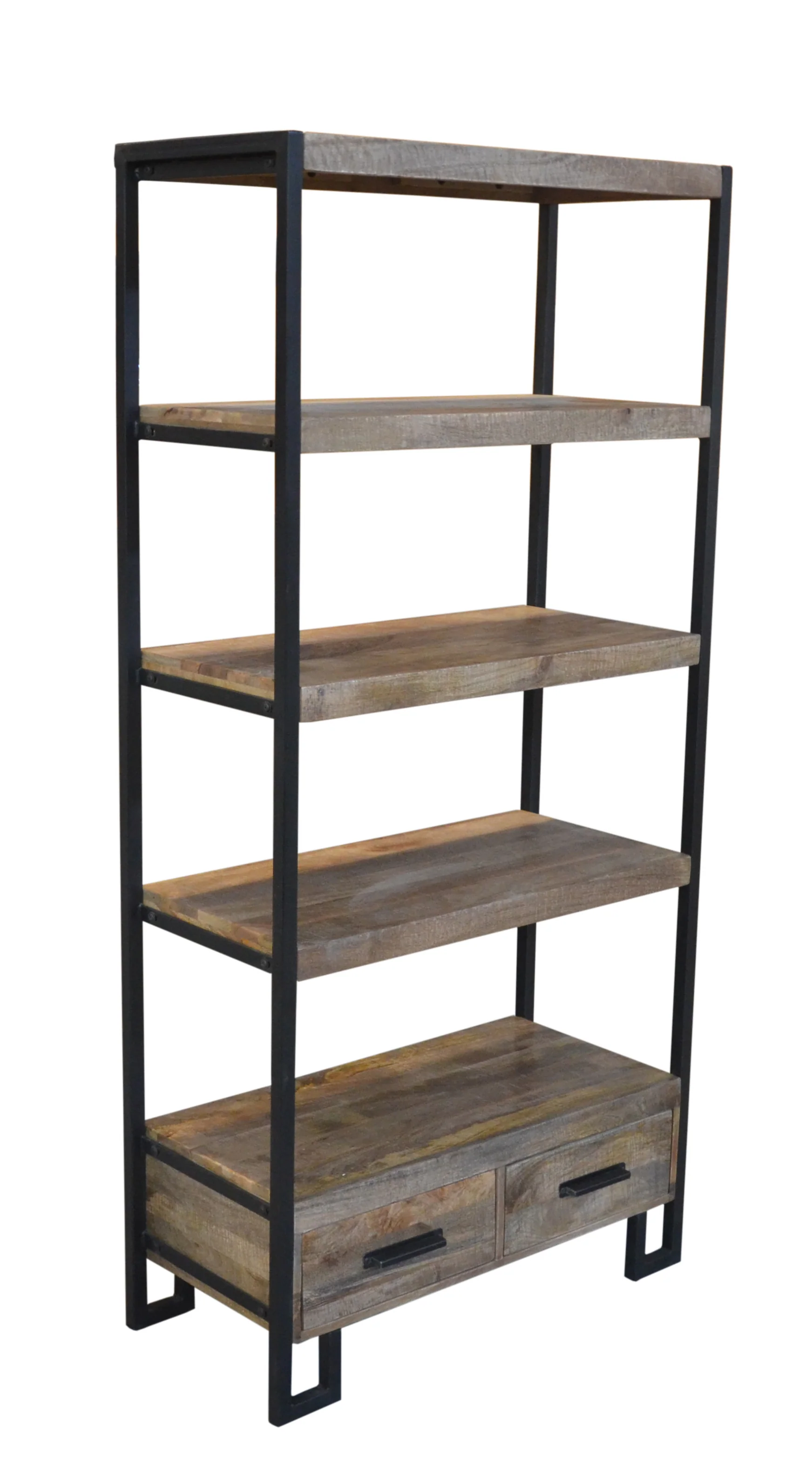 Brown Distressed Solid Wood Four Tier Etagere Bookcase with Two Drawers By Homeroots - Image 2