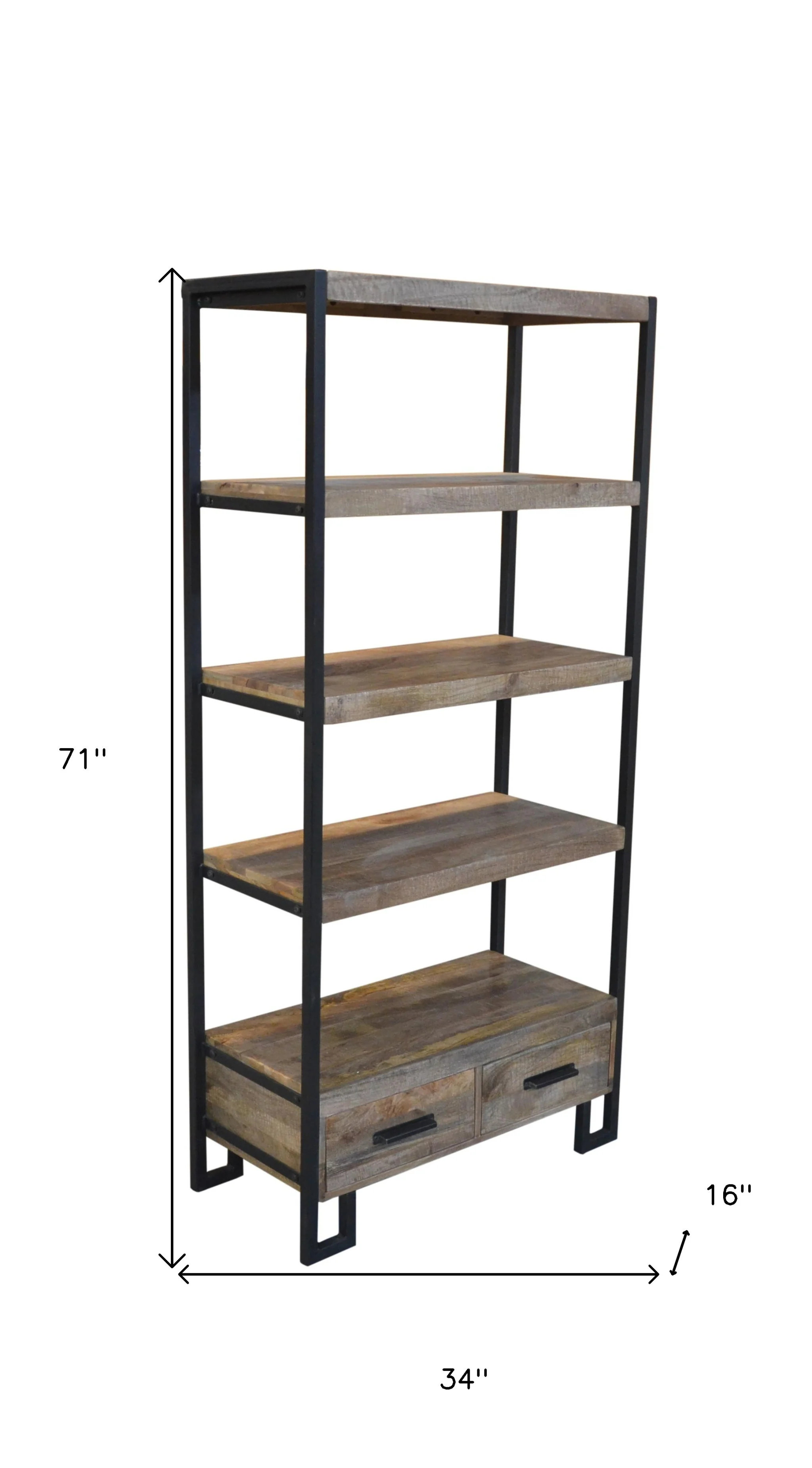 Brown Distressed Solid Wood Four Tier Etagere Bookcase with Two Drawers By Homeroots - Image 3