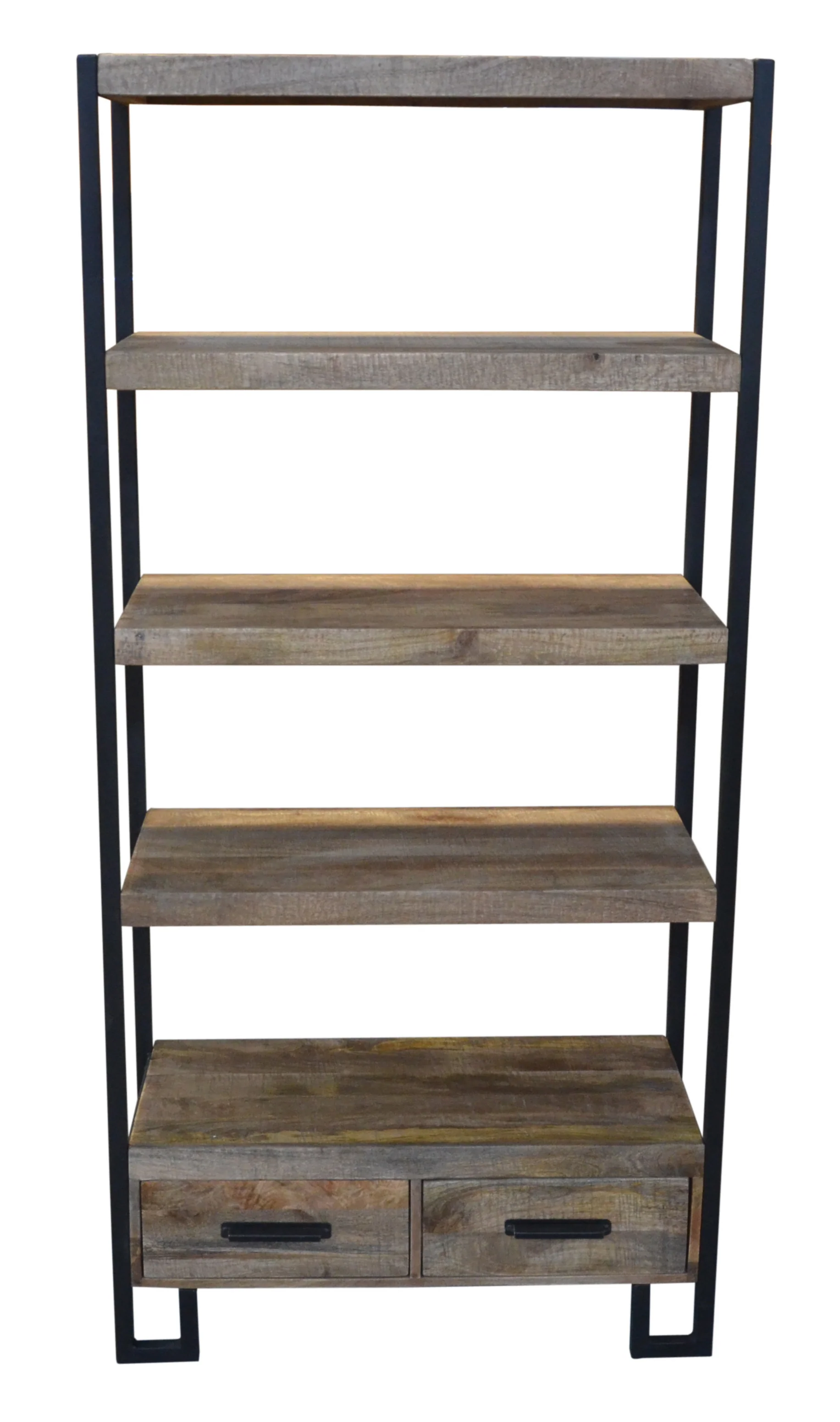 Brown Distressed Solid Wood Four Tier Etagere Bookcase with Two Drawers By Homeroots - Image 4