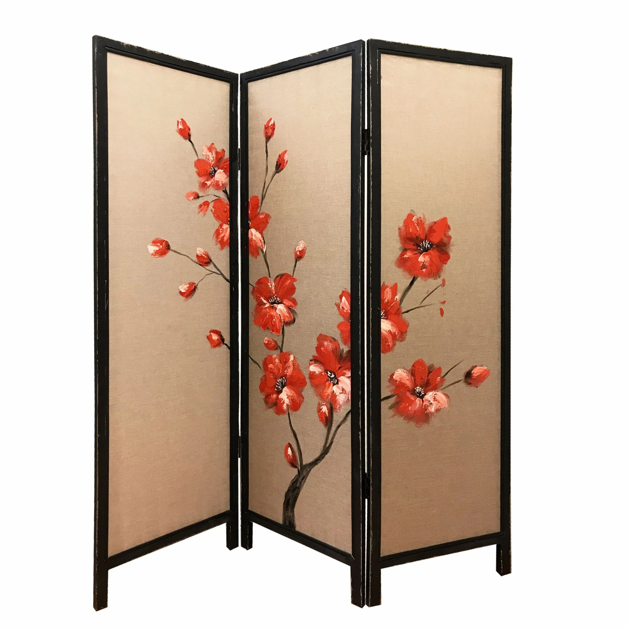 Brown Fabric And Wood Blooming 3 Panles Screen By Homeroots - Image 2