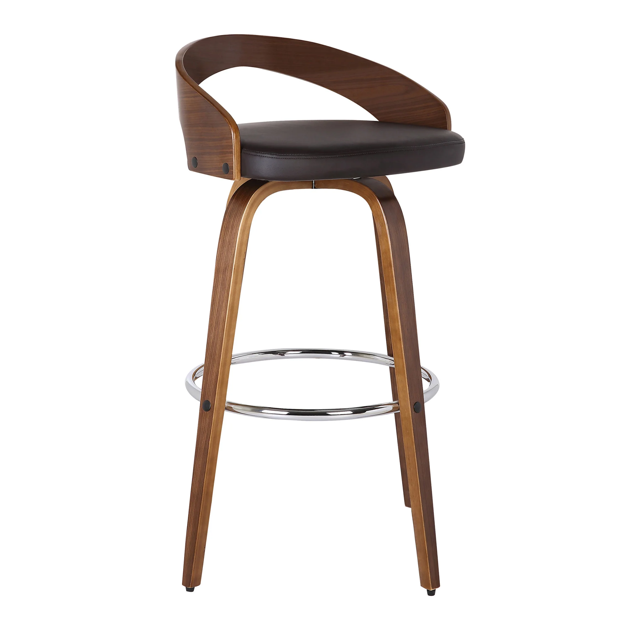Brown Faux Leather and Solid Wood Low Back Bar Height Swivel Bar Chair By Homeroots - Image 3