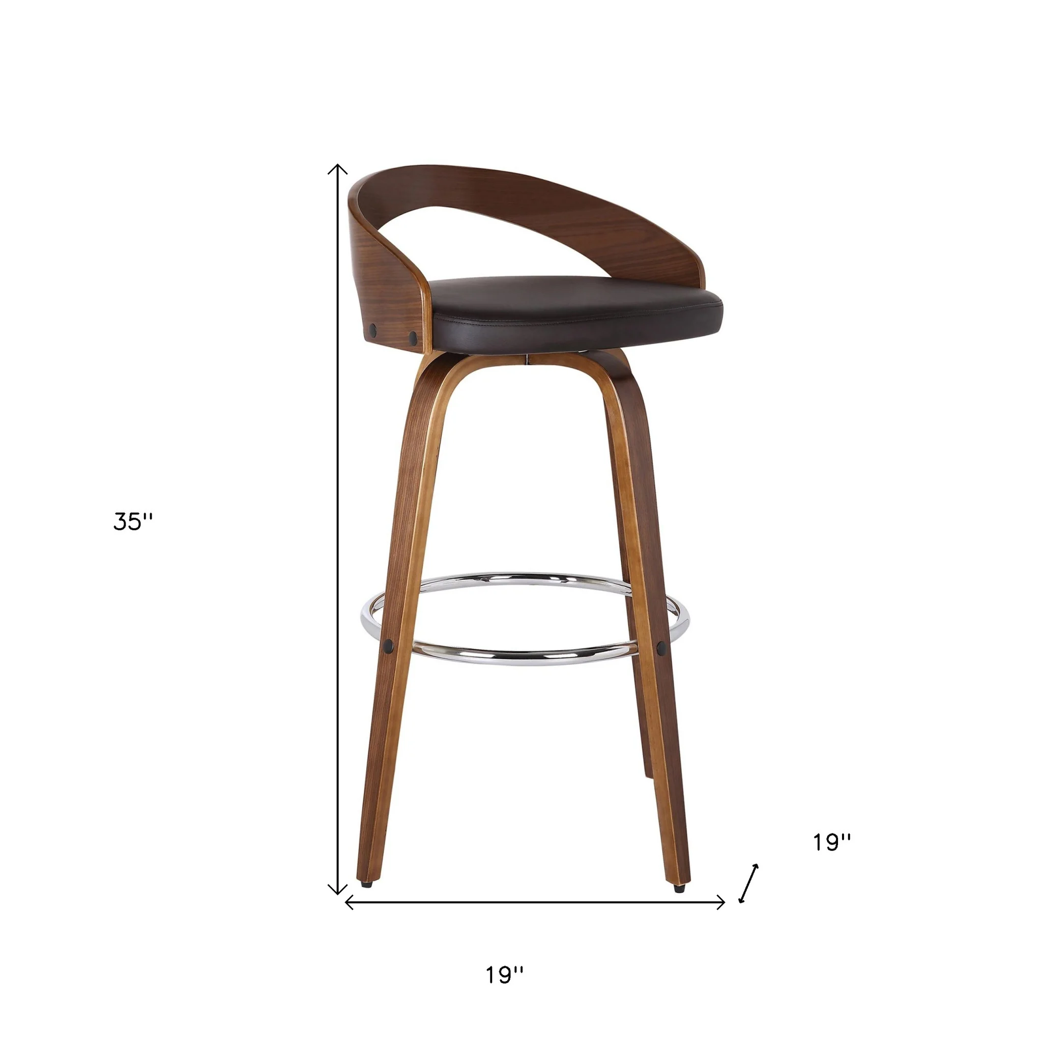 Brown Faux Leather and Solid Wood Low Back Bar Height Swivel Bar Chair By Homeroots - Image 6