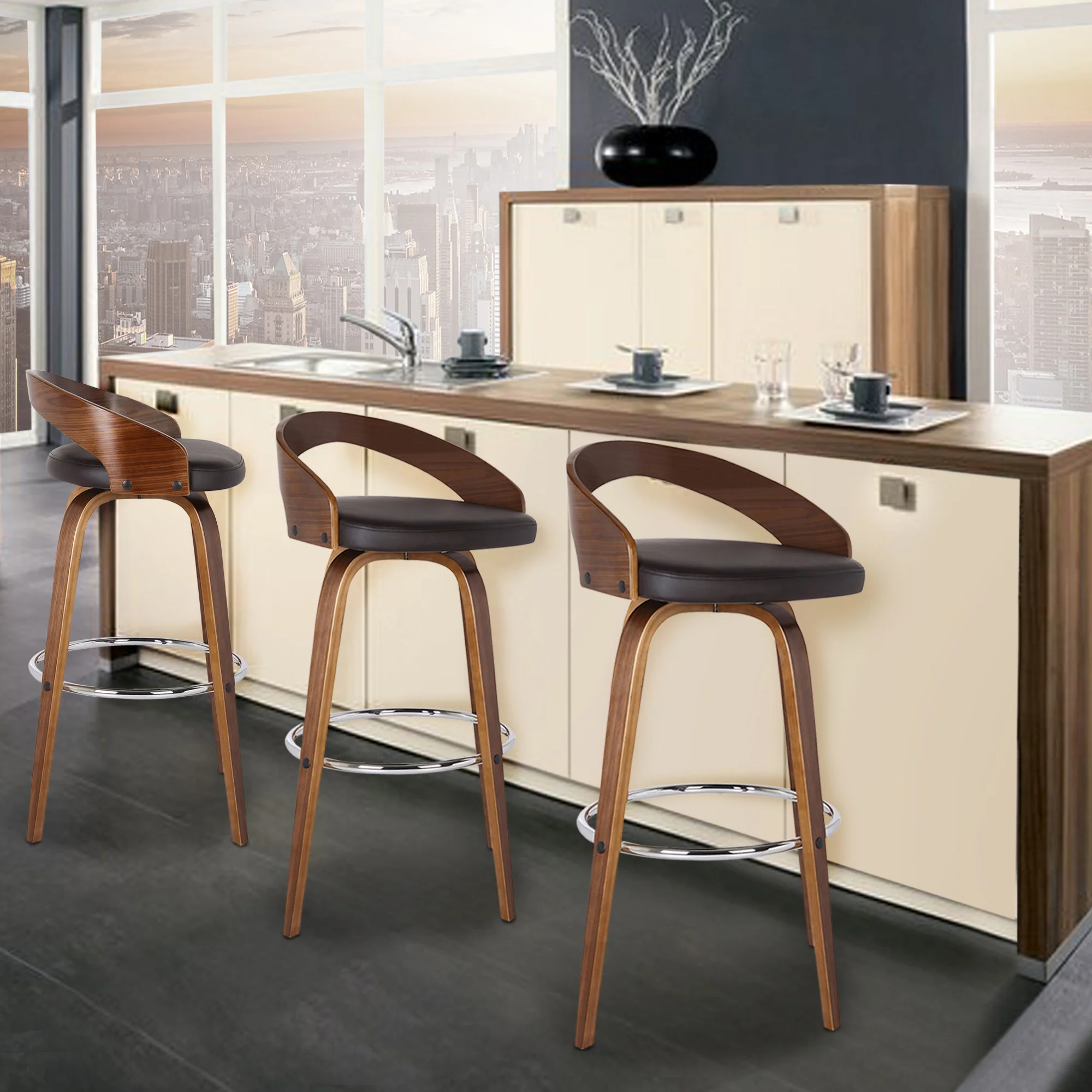 Brown Faux Leather and Solid Wood Low Back Bar Height Swivel Bar Chair By Homeroots - Image 7
