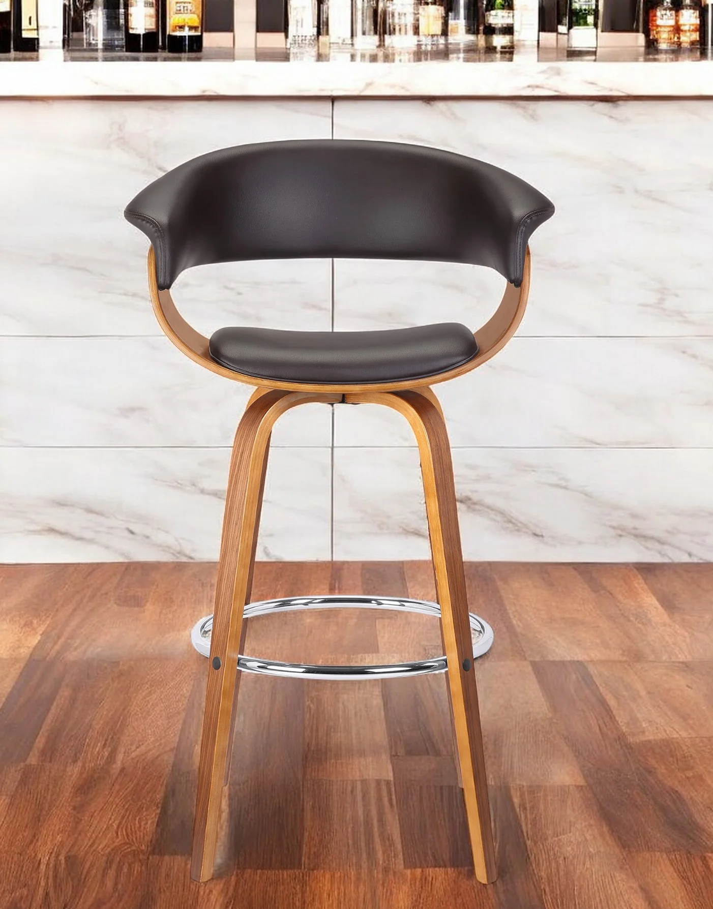 Brown Faux Leather And Solid Wood Swivel Low Back Bar Height Bar Chair By Homeroots - Image 2