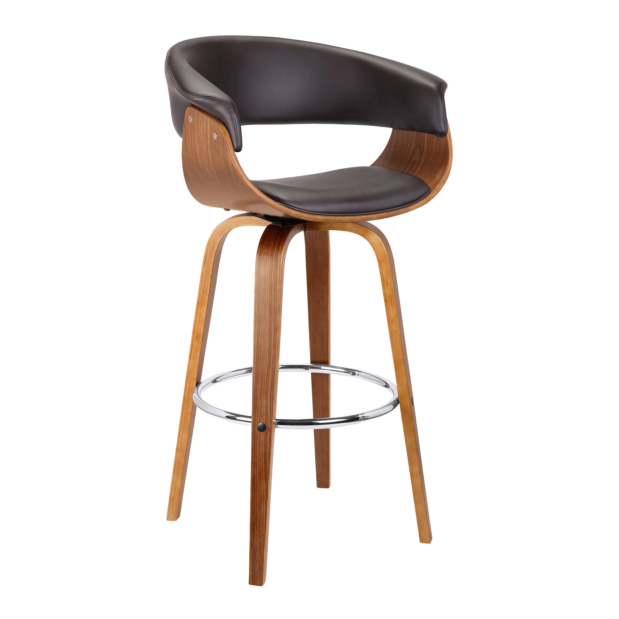 Brown Faux Leather And Solid Wood Swivel Low Back Bar Height Bar Chair By Homeroots - Image 4