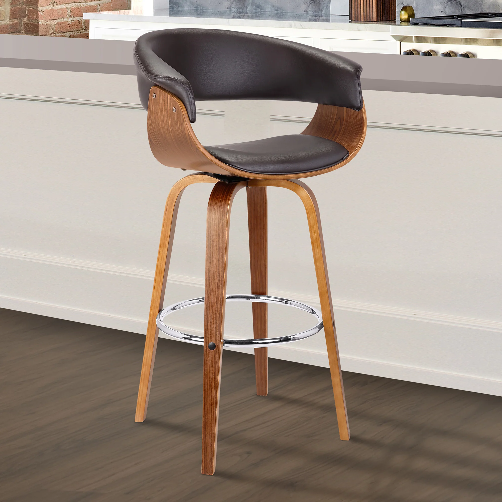 Brown Faux Leather And Solid Wood Swivel Low Back Bar Height Bar Chair By Homeroots - Image 8