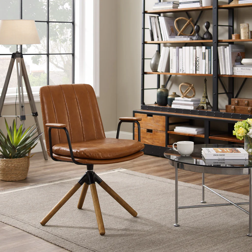 Brown Faux Leather Swivel Arm Chair By Homeroots - Image 3