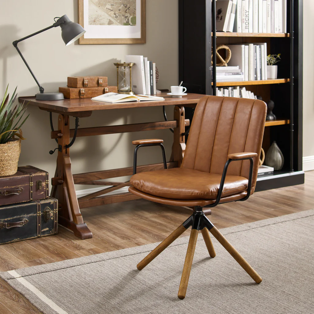 Brown Faux Leather Swivel Arm Chair By Homeroots - Image 7