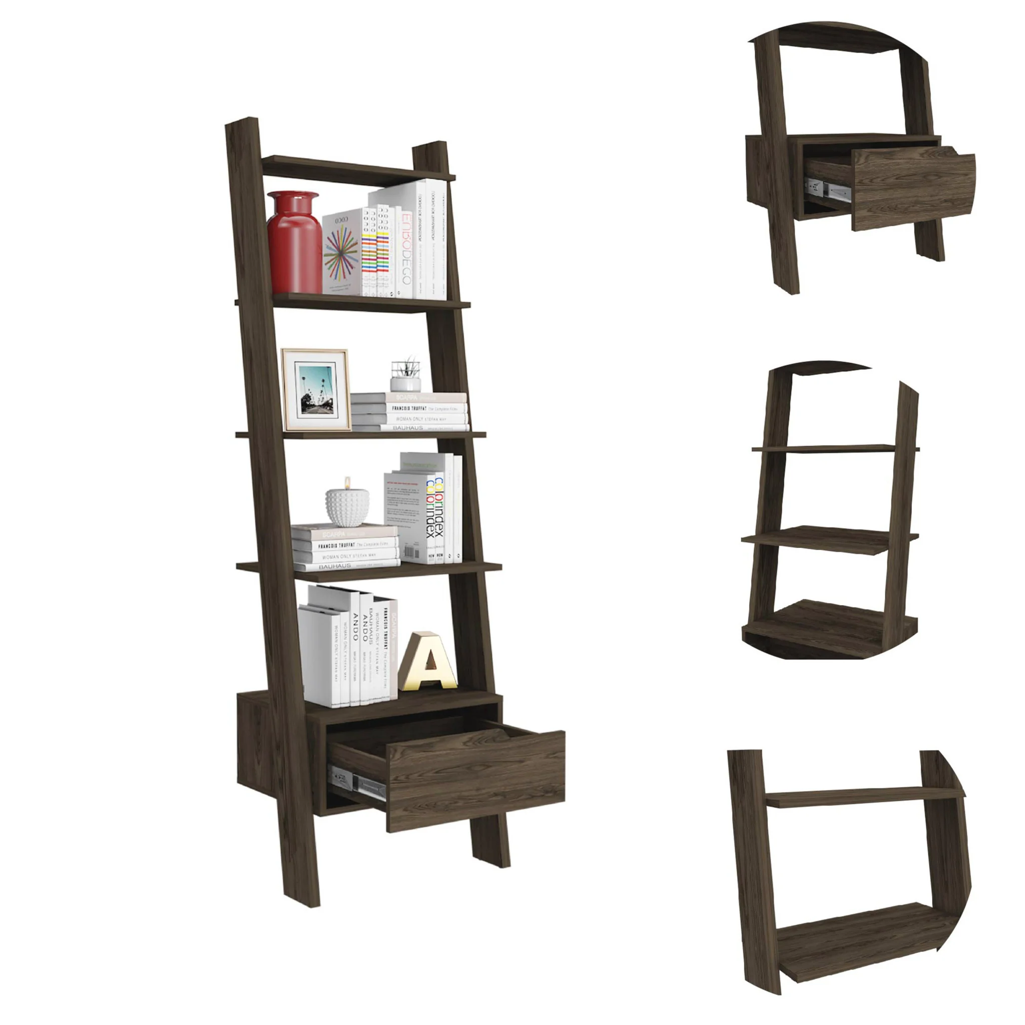Brown Five Tier Ladder Bookcase with A Drawer By Homeroots - Image 3