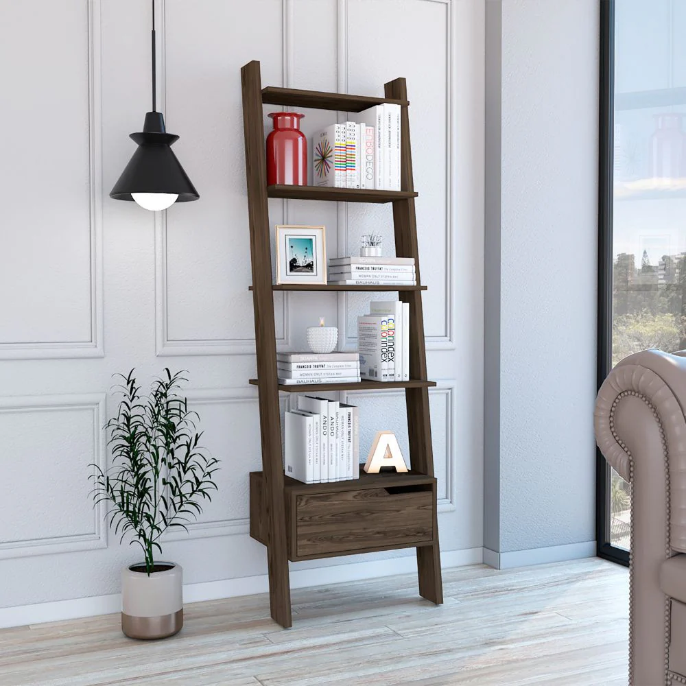 Brown Five Tier Ladder Bookcase with A Drawer By Homeroots - Image 4