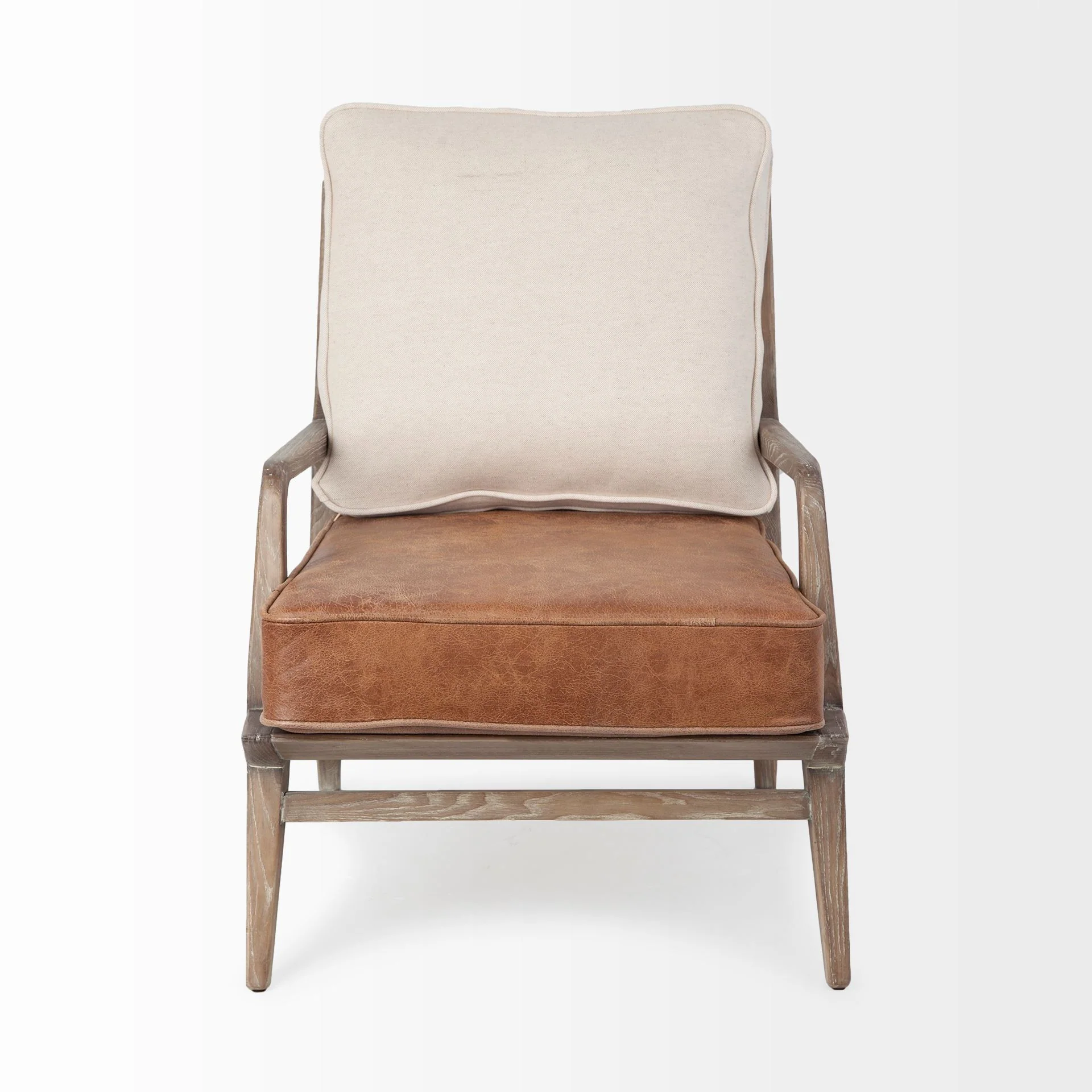 Brown Leather Seat Accent Chair with Off White Fabric By Homeroots - Image 2