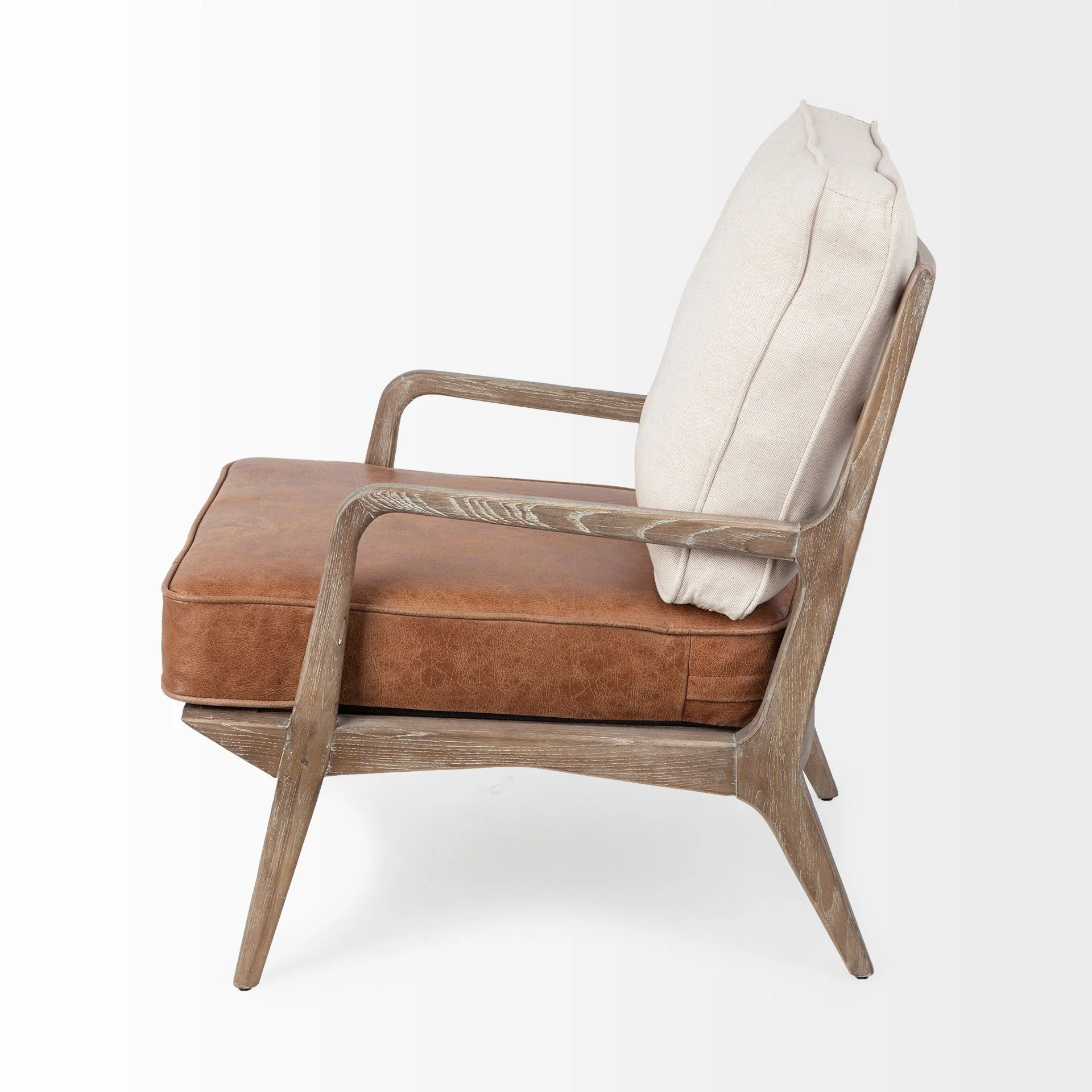 Brown Leather Seat Accent Chair with Off White Fabric By Homeroots - Image 3