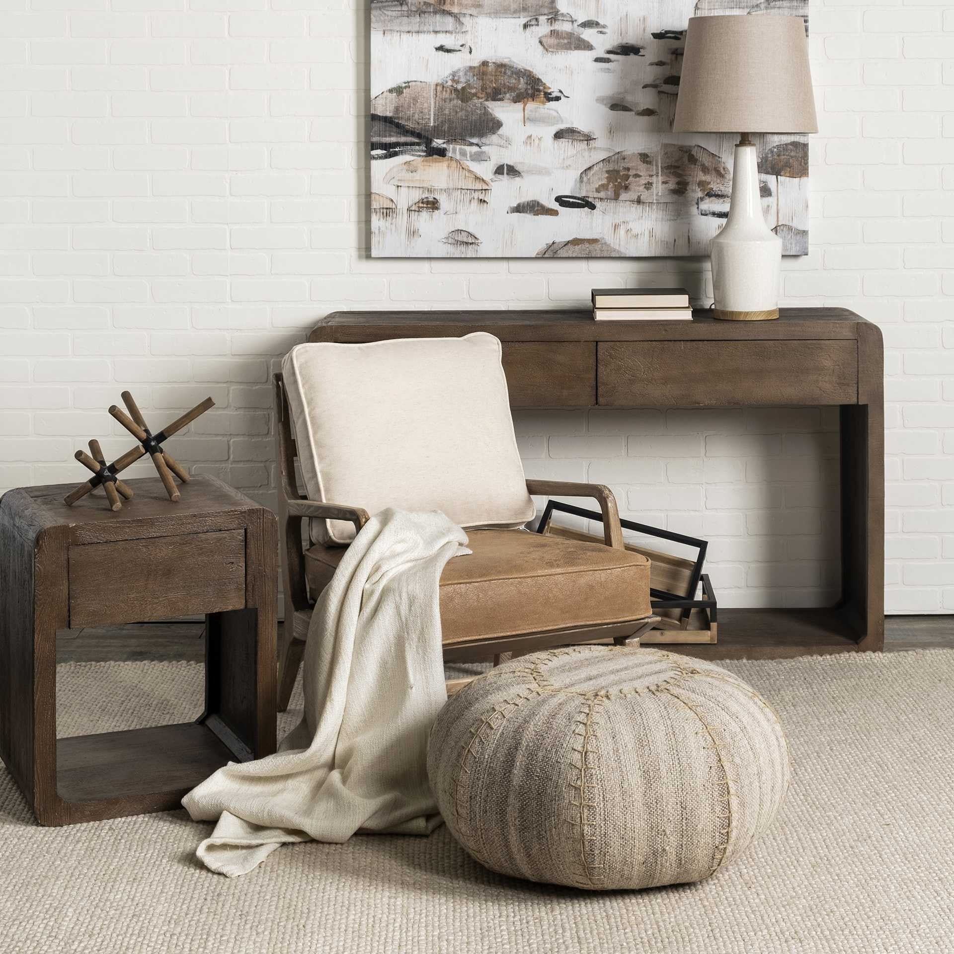 Brown Leather Seat Accent Chair with Off White Fabric By Homeroots - Image 7