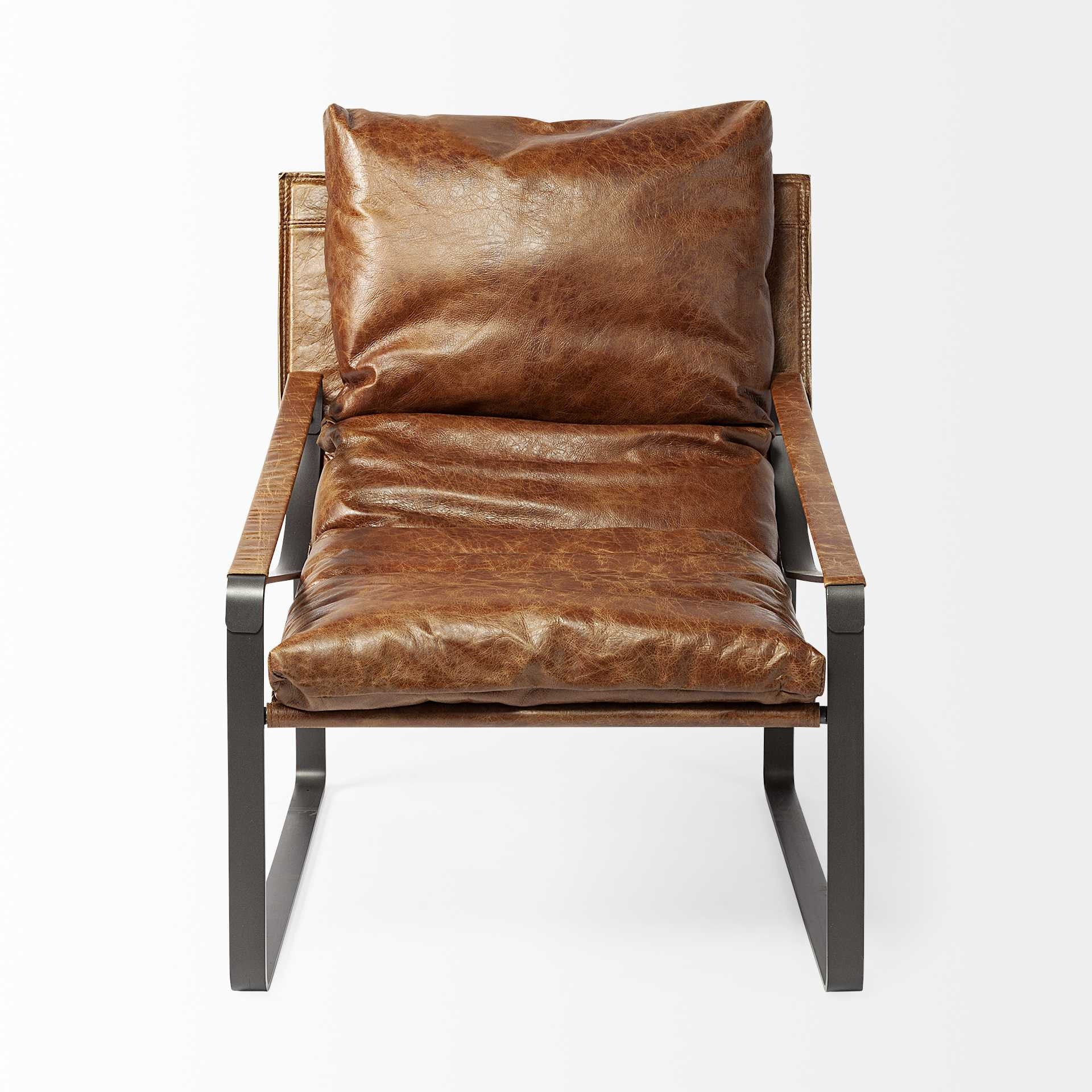 Brown Leather Unibody Seat Accent Chair with Black Metal Frame By Homeroots - Image 2