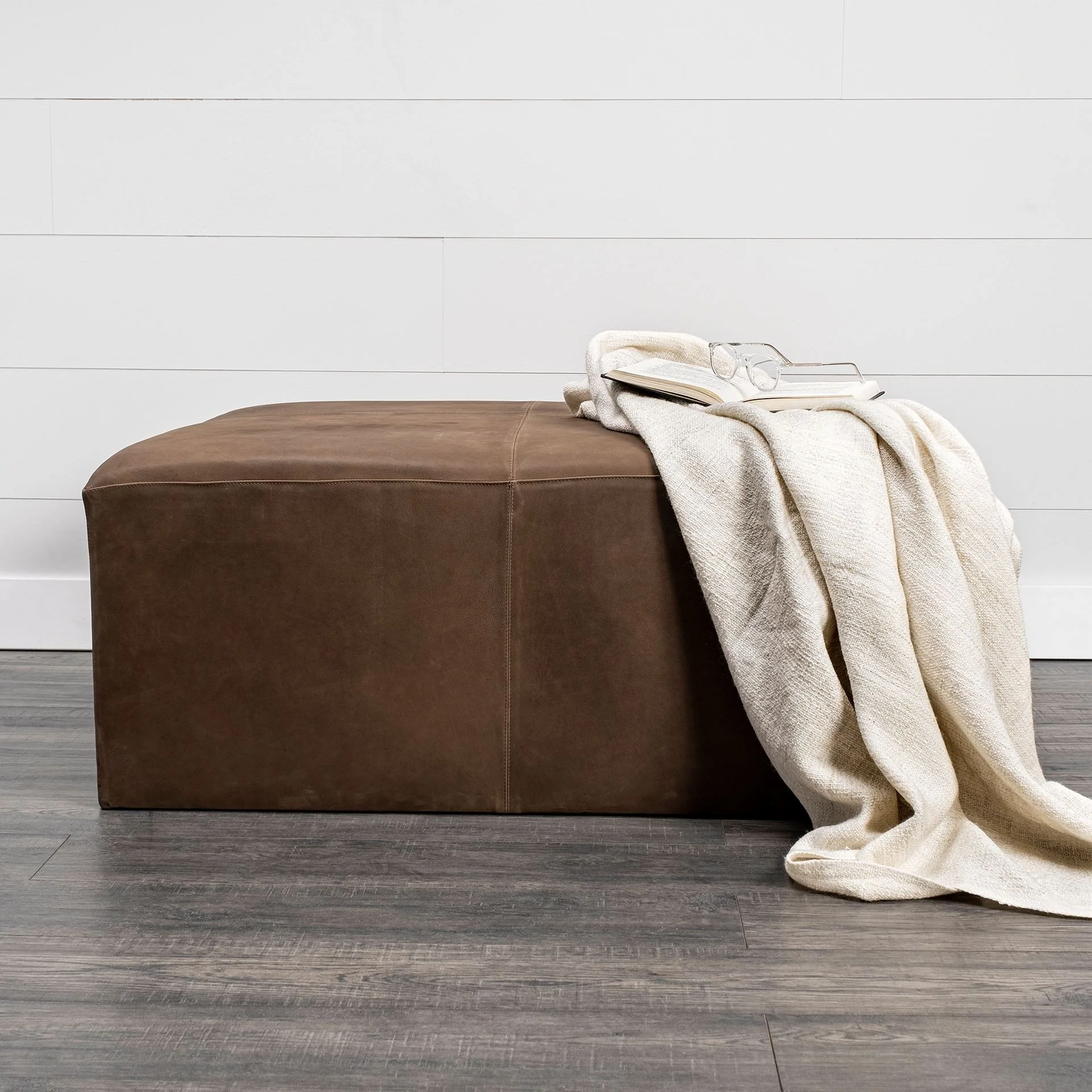 Brown Leather Wrapped Ottoman By Homeroots - Image 5
