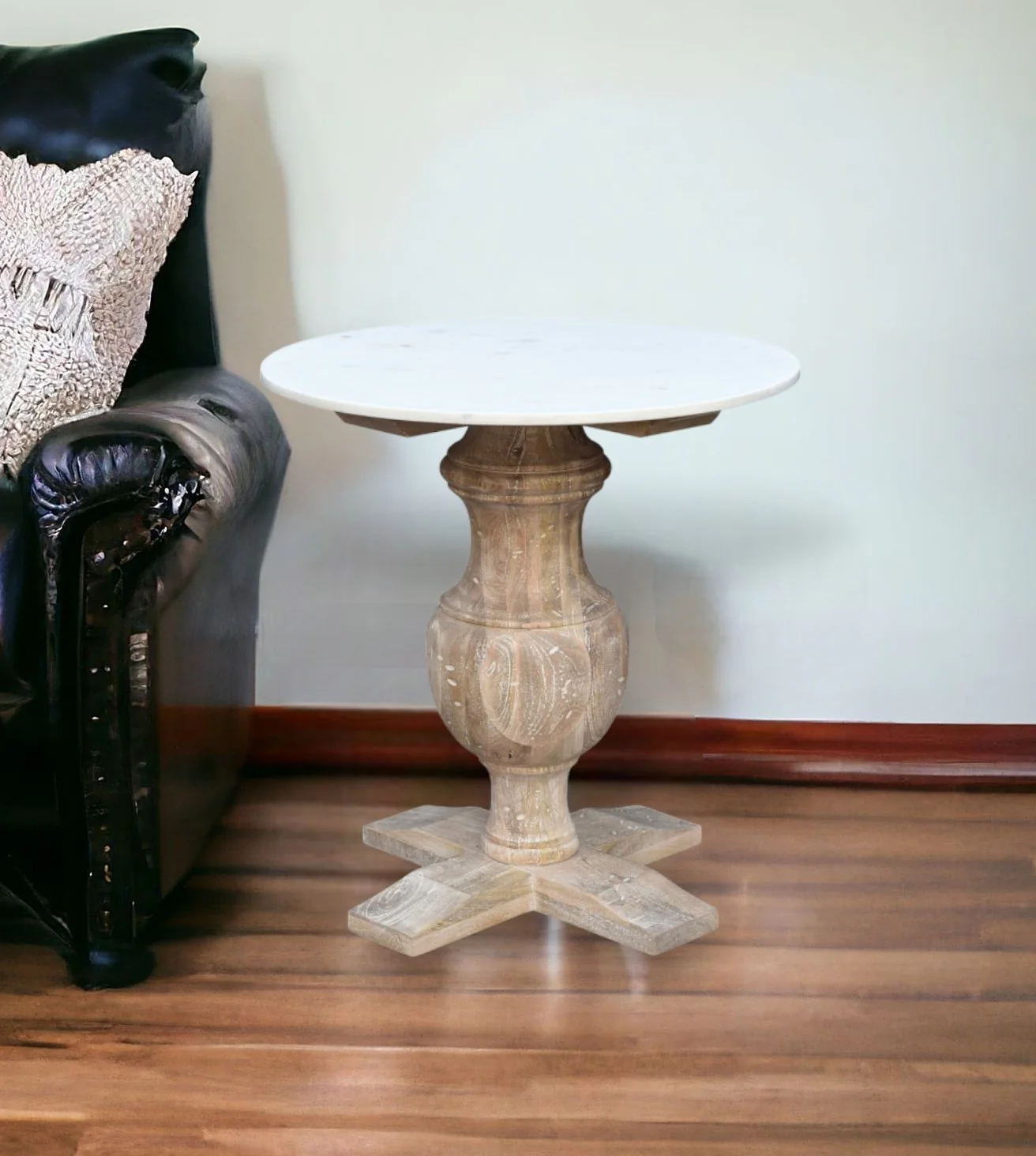 Brown Marble And Solid Wood Round End Table By Homeroots - Image 2