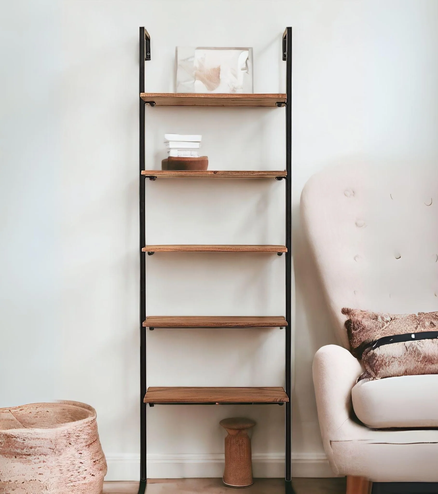 Brown Metal and Solid Wood Five Tier Ladder Bookcase By Homeroots - Image 4