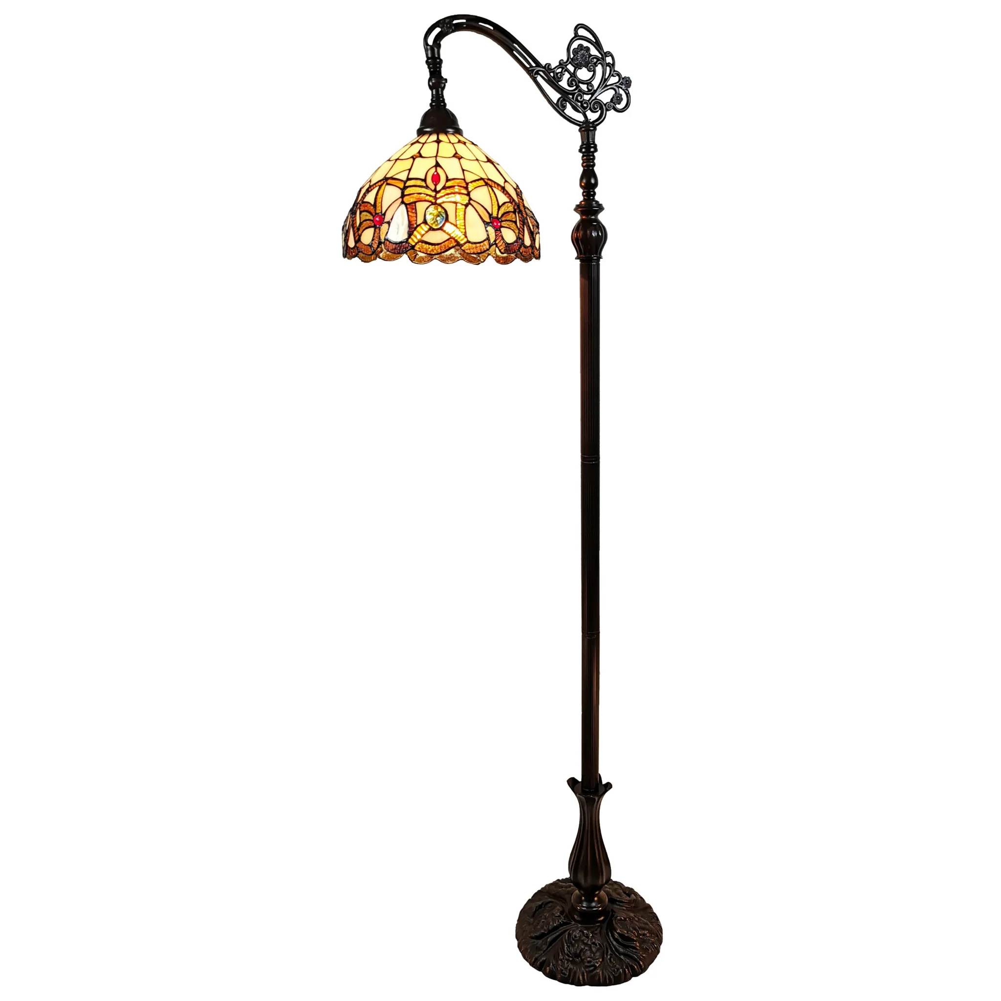 Brown Metal Arched Floor Lamp With Amber and Red Flowers Stained Glass Shade By Homeroots - Image 2