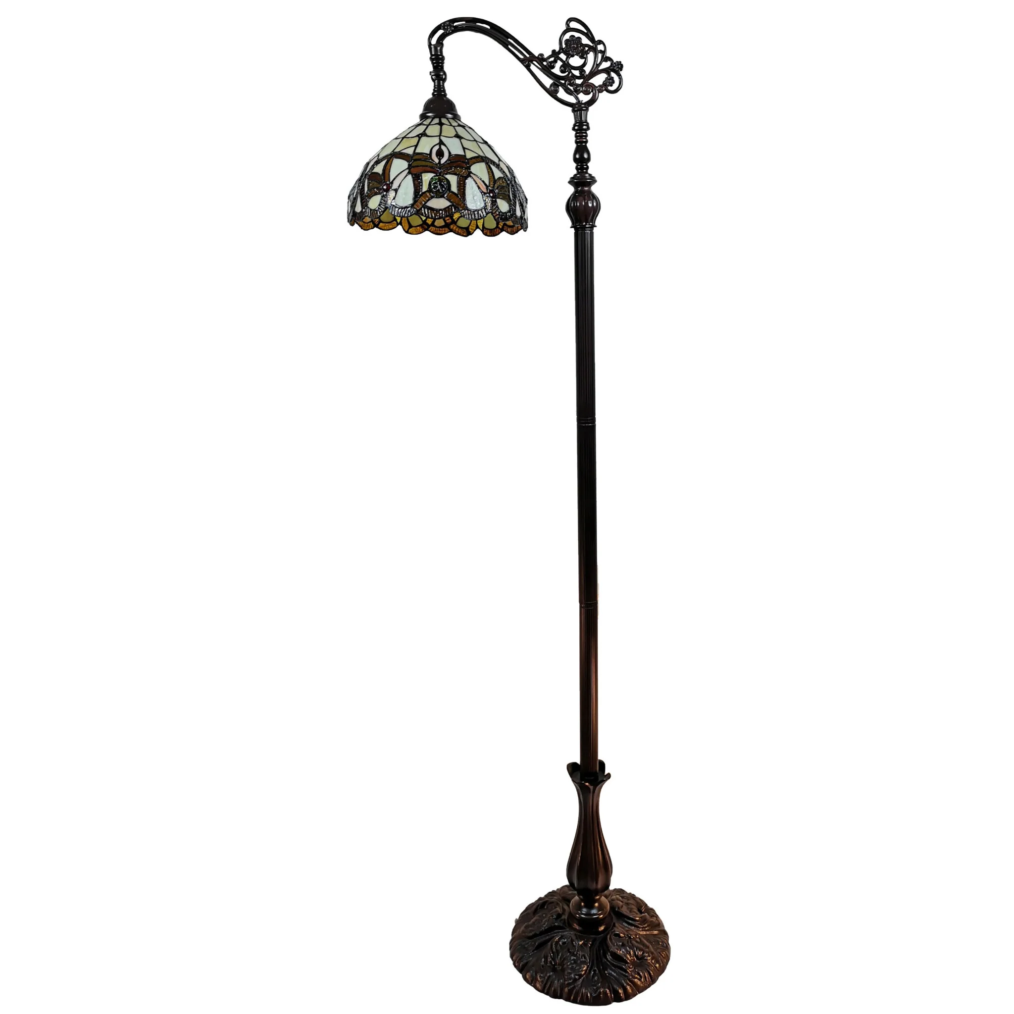 Brown Metal Arched Floor Lamp With Amber and Red Flowers Stained Glass Shade By Homeroots - Image 3