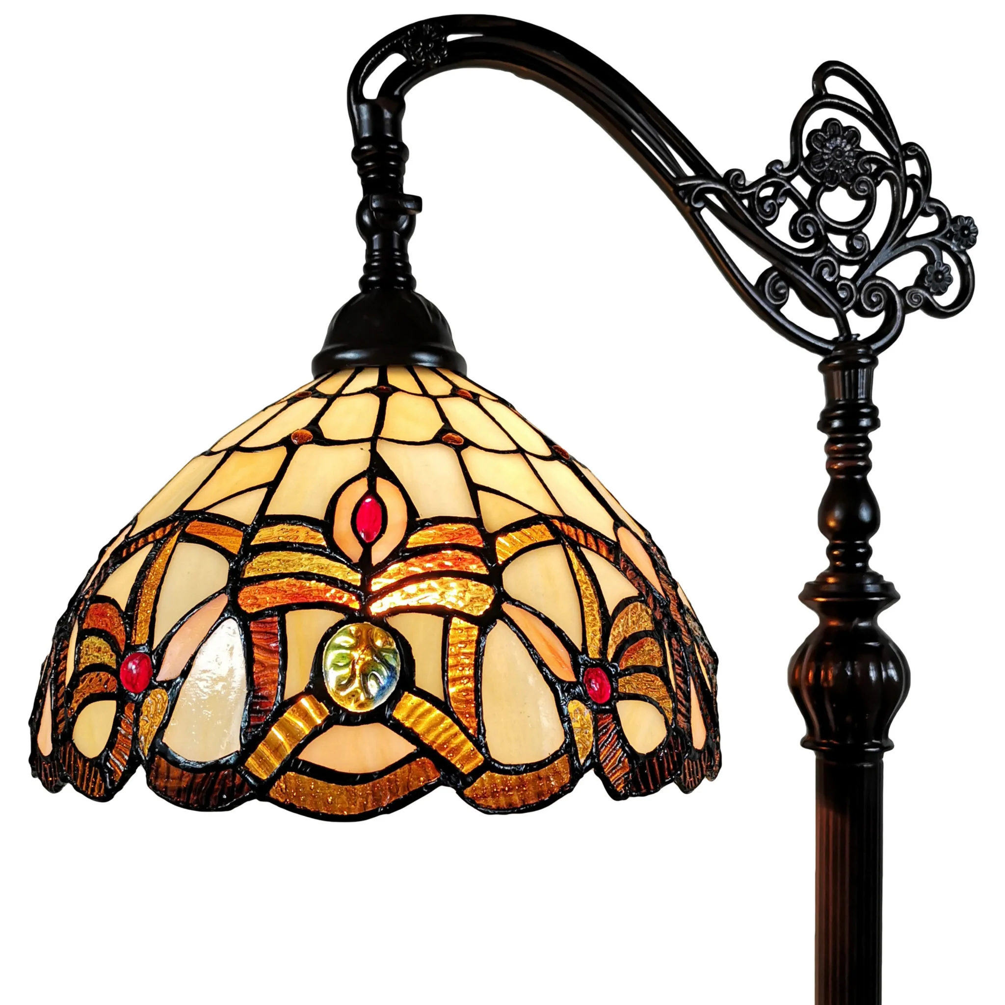 Brown Metal Arched Floor Lamp With Amber and Red Flowers Stained Glass Shade By Homeroots - Image 6