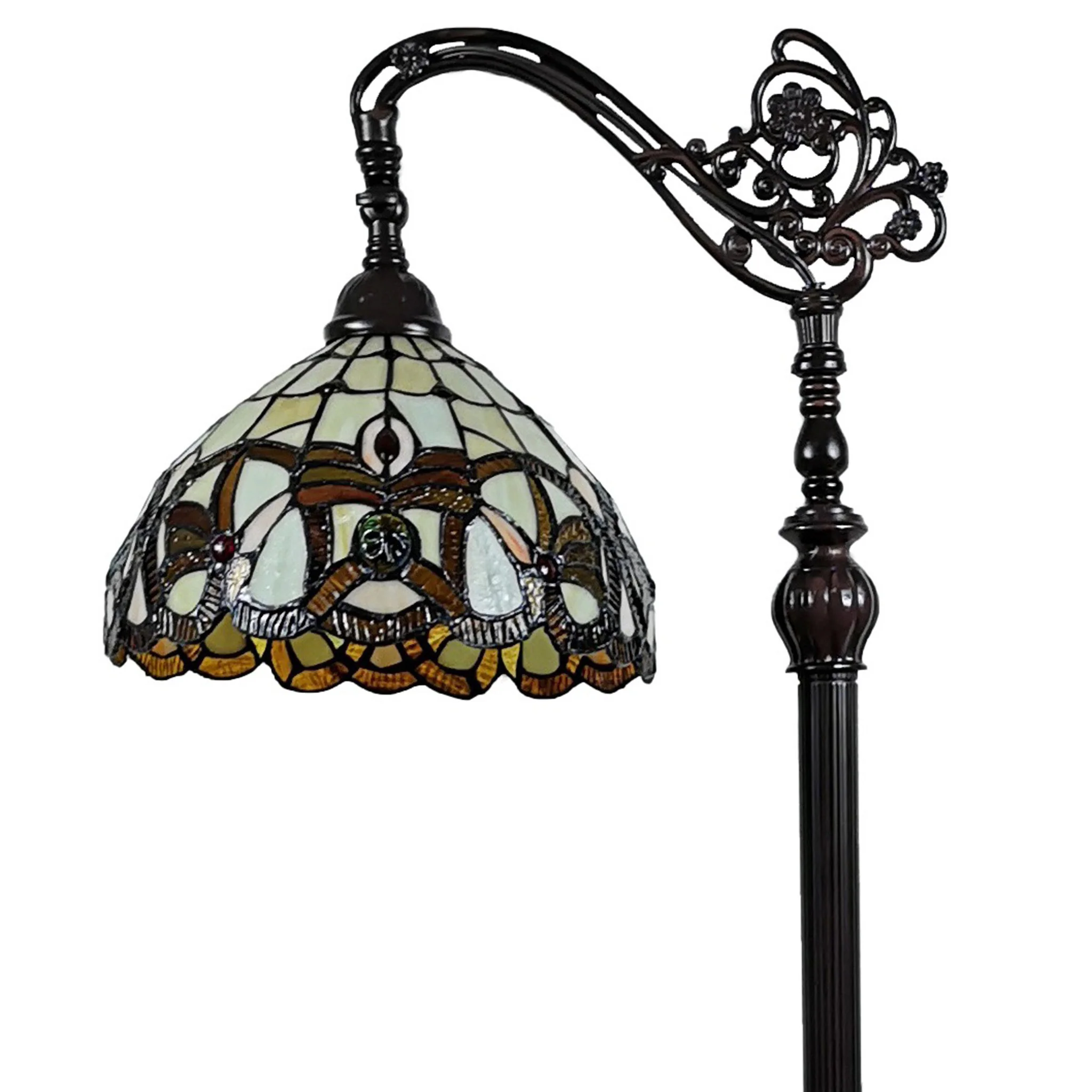 Brown Metal Arched Floor Lamp With Amber and Red Flowers Stained Glass Shade By Homeroots - Image 7