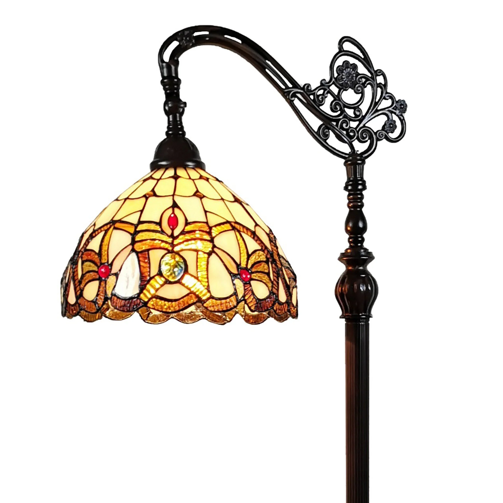 Brown Metal Arched Floor Lamp With Amber and Red Flowers Stained Glass Shade By Homeroots - Image 8