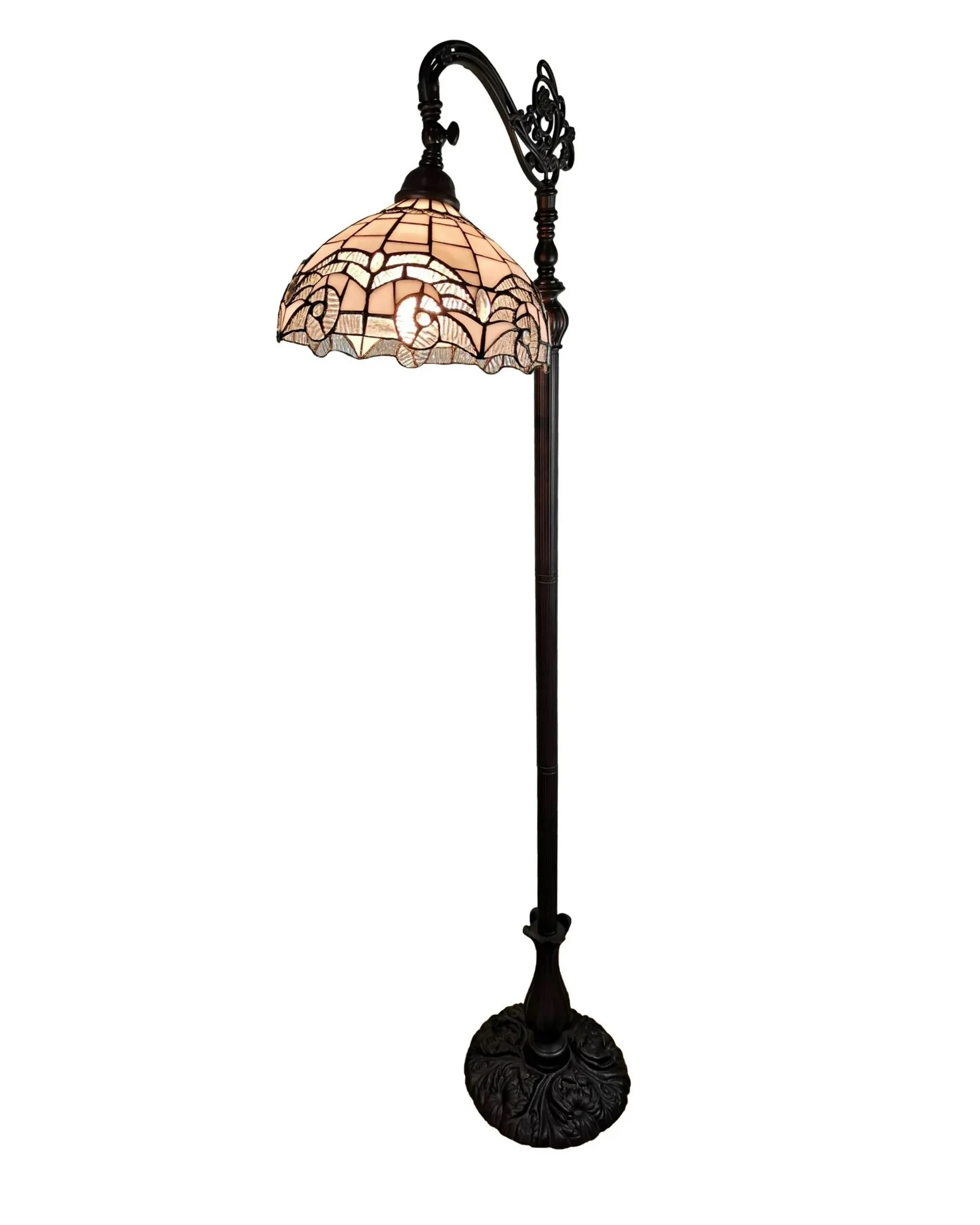 Brown Metal Arched Floor Lamp With White Geometric Stained Glass Shade By Homeroots - Image 3