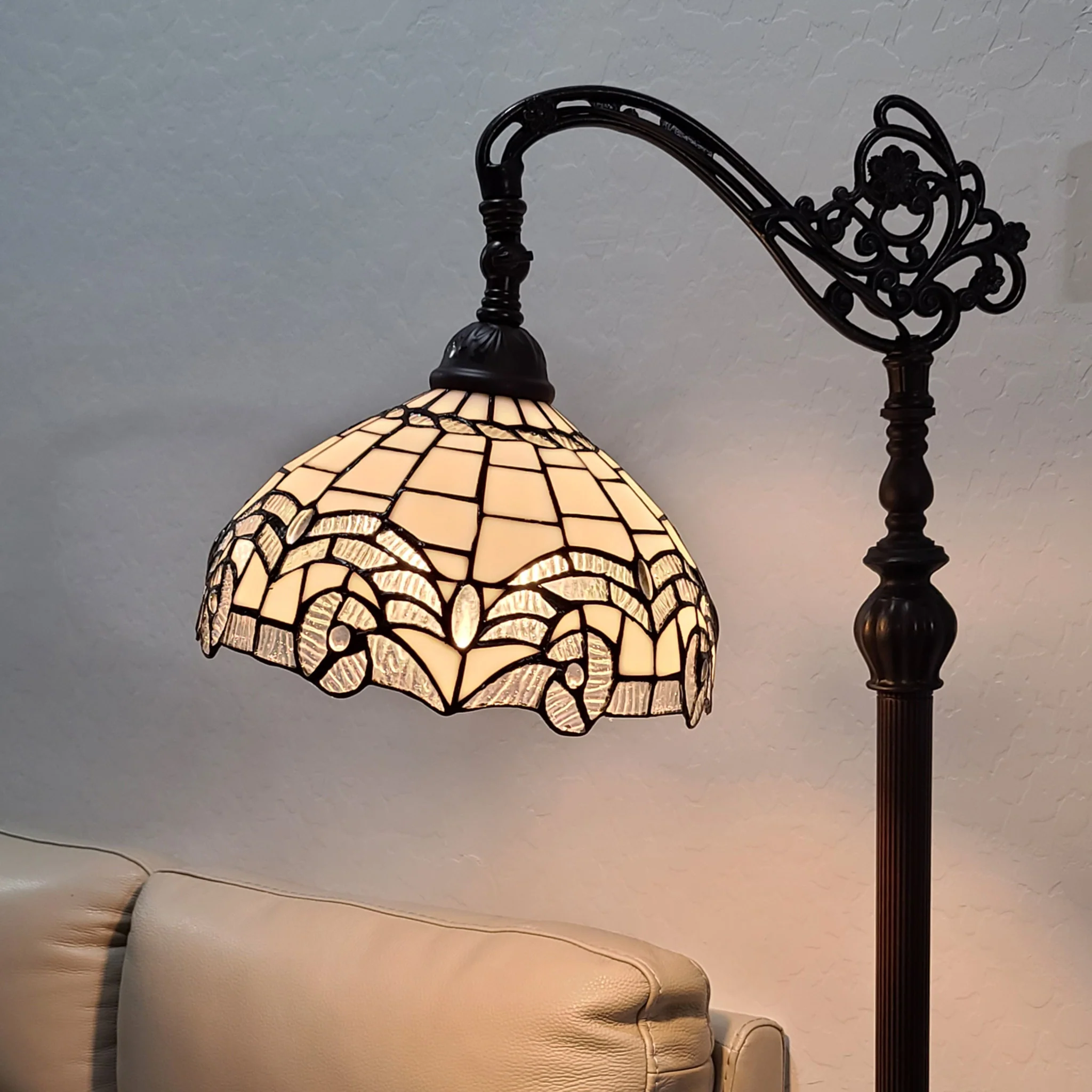 Brown Metal Arched Floor Lamp With White Geometric Stained Glass Shade By Homeroots - Image 5