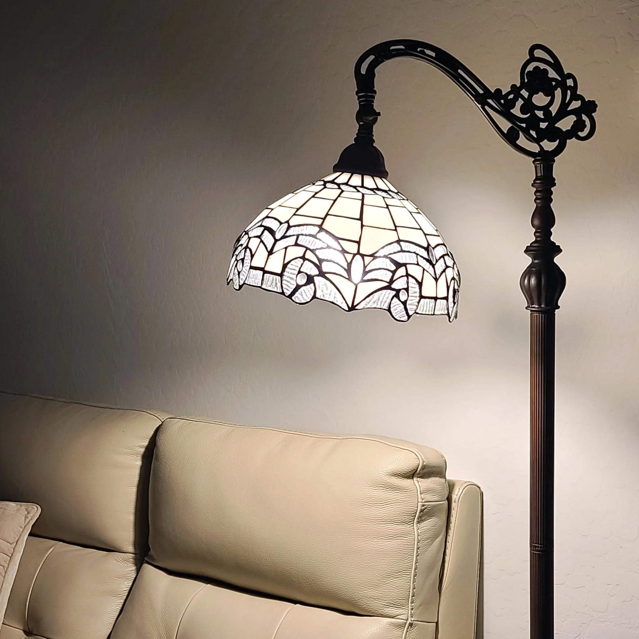 Brown Metal Arched Floor Lamp With White Geometric Stained Glass Shade By Homeroots - Image 7