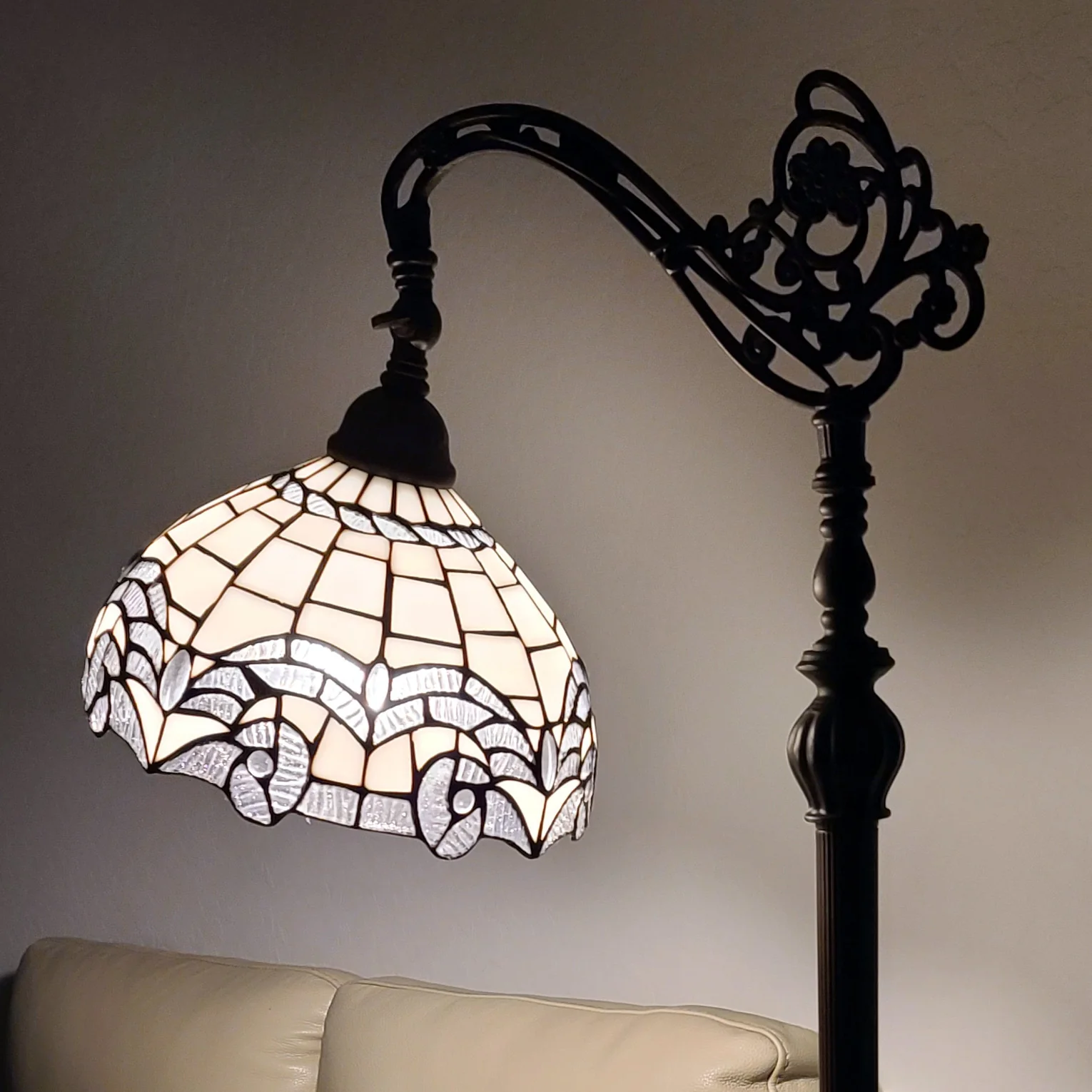 Brown Metal Arched Floor Lamp With White Geometric Stained Glass Shade By Homeroots - Image 8