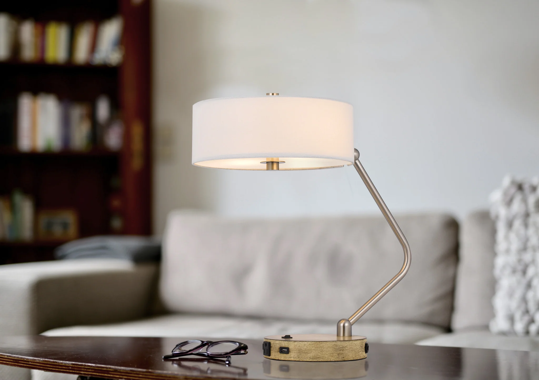 Brown Metal Two Light Lantern Desk USB Table Lamp With White Drum Shade By Homeroots - Image 3