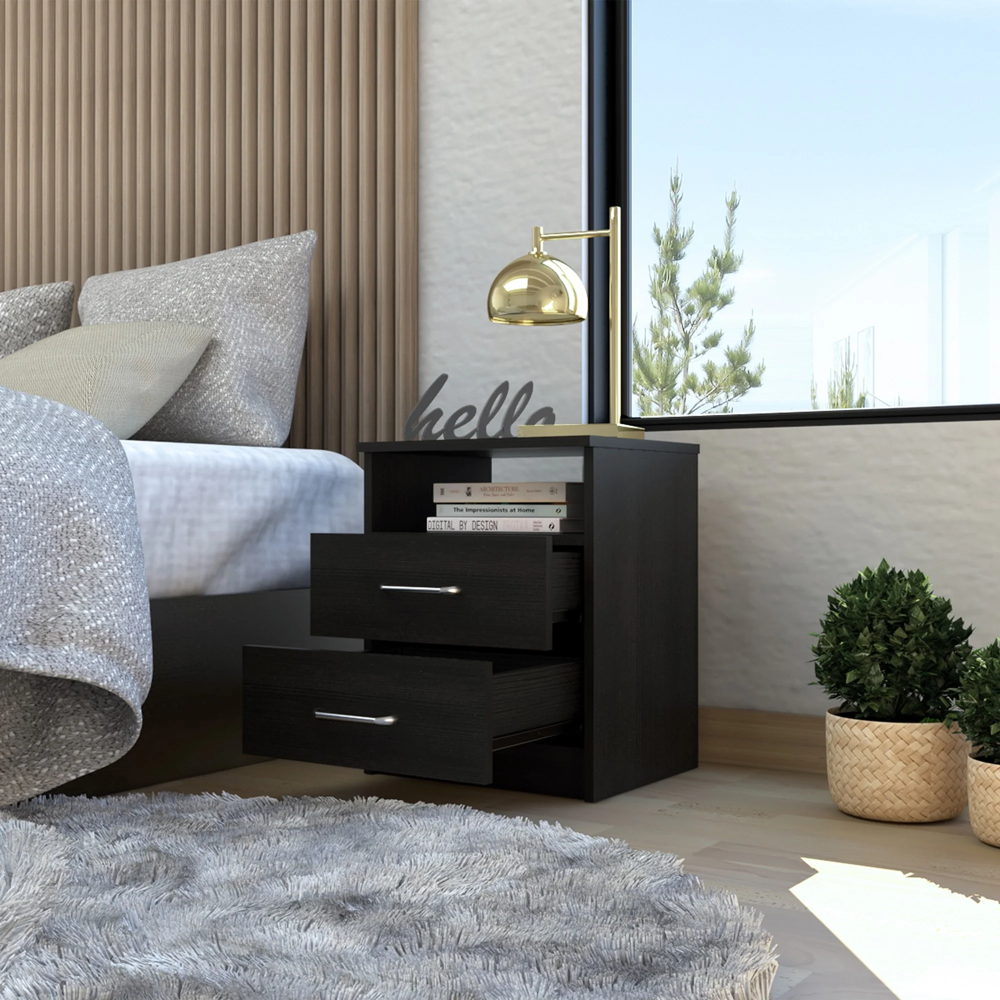 Brown Open Compartment Two Drawer Nightstand By Homeroots - Image 6