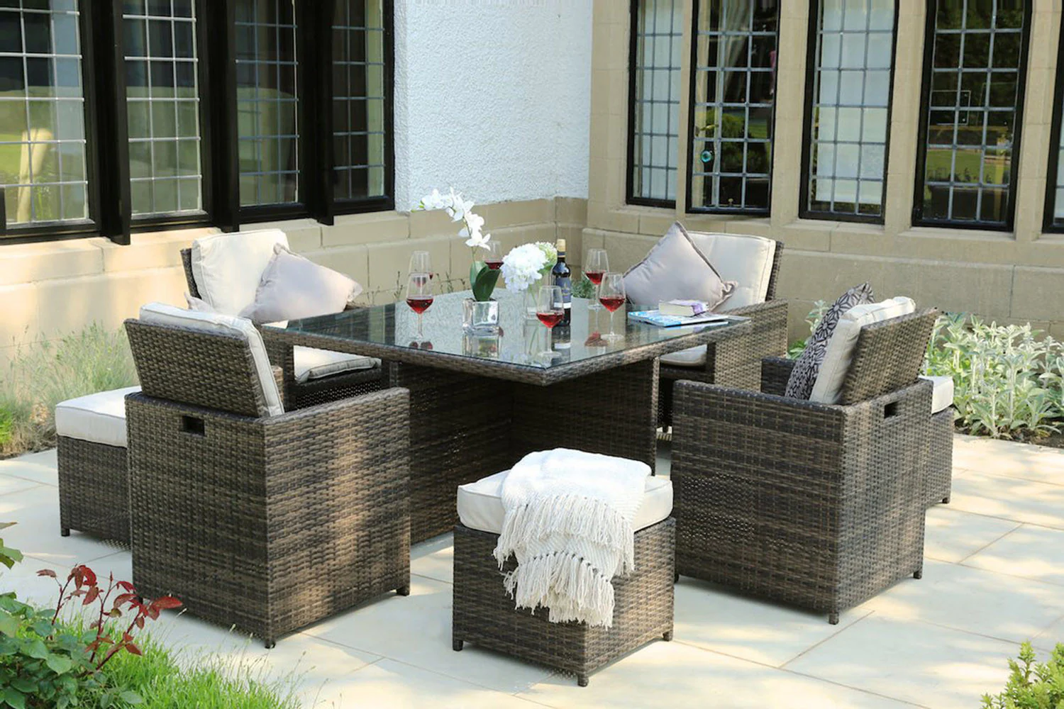 Brown Piece Square Outdoor Dining Set with Beige Cushions By Homeroots - Image 3