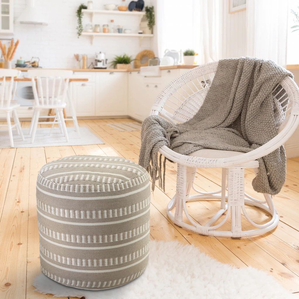Brown Polyester Round Striped Indoor Outdoor Pouf Ottoman By Homeroots - Image 6