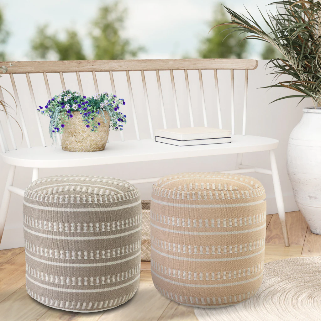 Brown Polyester Round Striped Indoor Outdoor Pouf Ottoman By Homeroots - Image 7