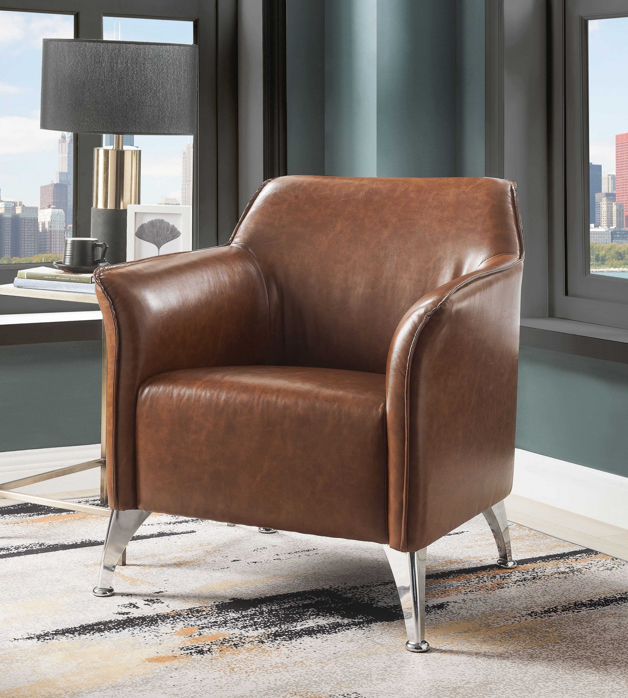 Brown PU Upholstery Metal Leg Accent Chair By Homeroots - Image 2