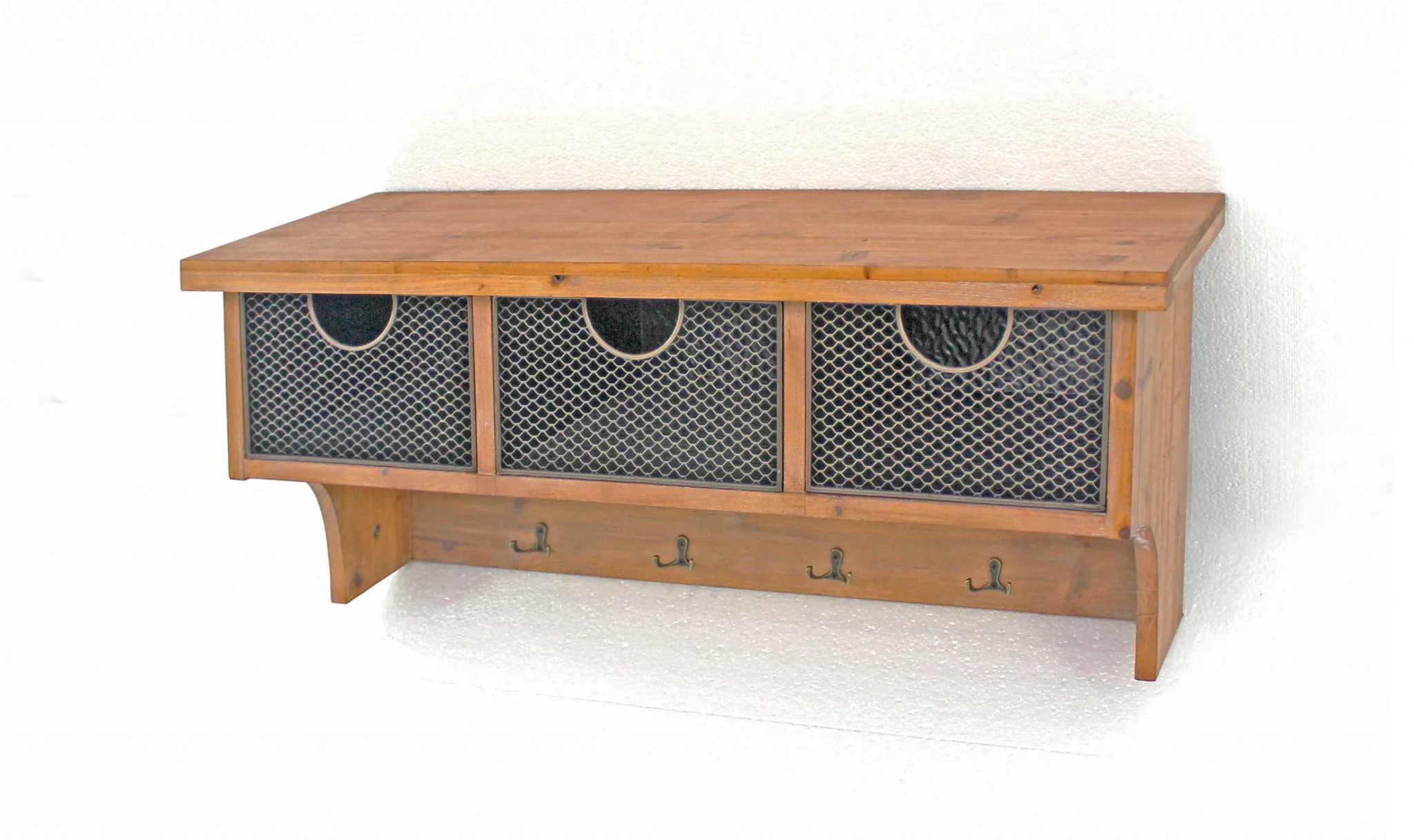 Brown Rustic Wooden Wall Shelf with 3 Drawers and Hooks By Homeroots - Image 2