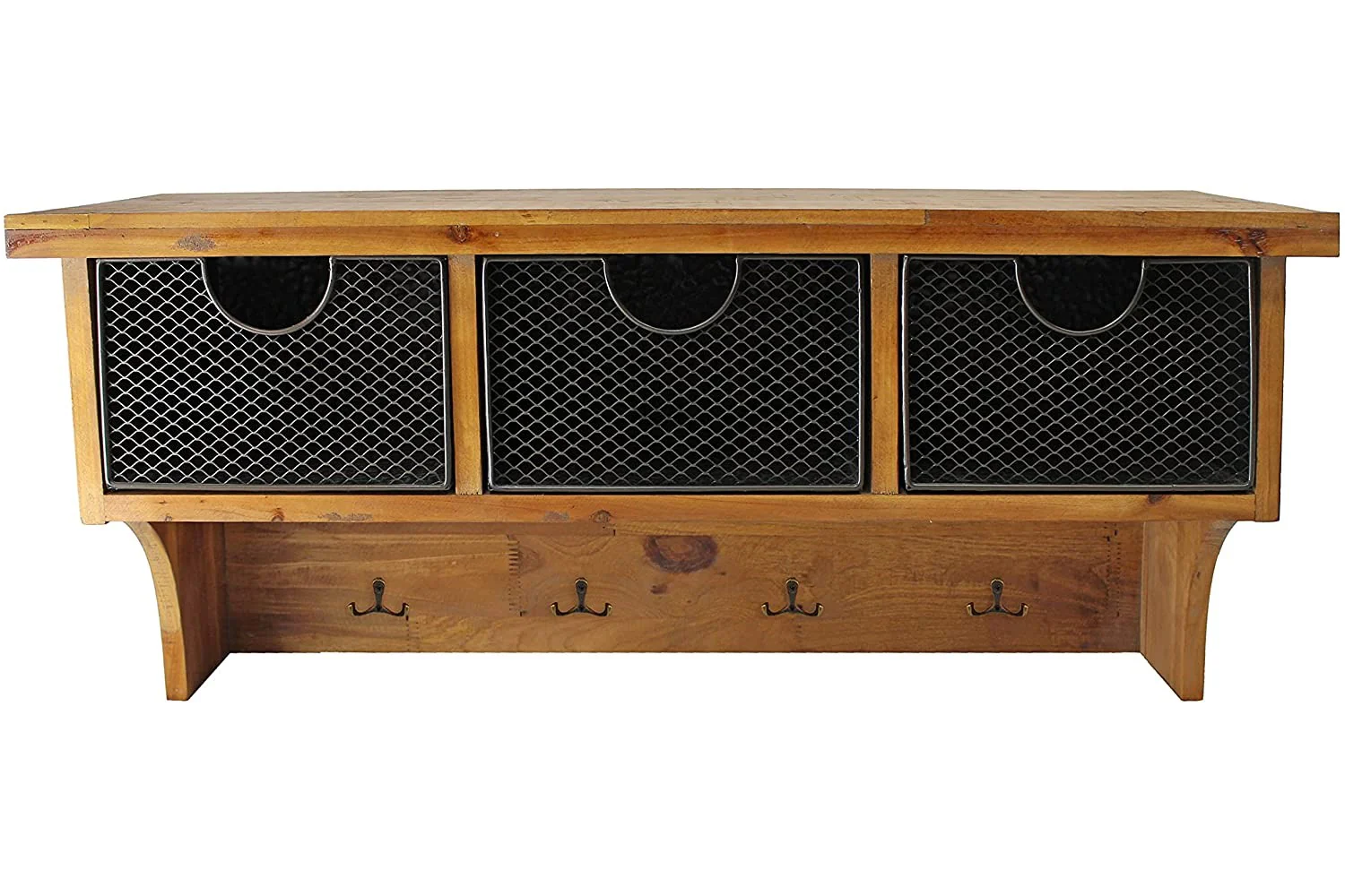 Brown Rustic Wooden Wall Shelf with 3 Drawers and Hooks By Homeroots - Image 3