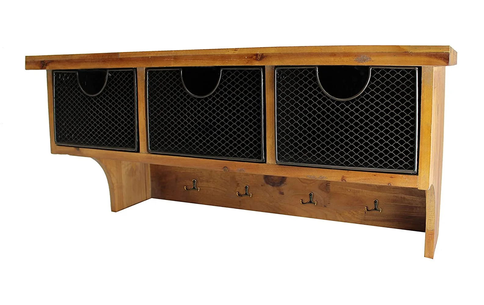 Brown Rustic Wooden Wall Shelf with 3 Drawers and Hooks By Homeroots - Image 4