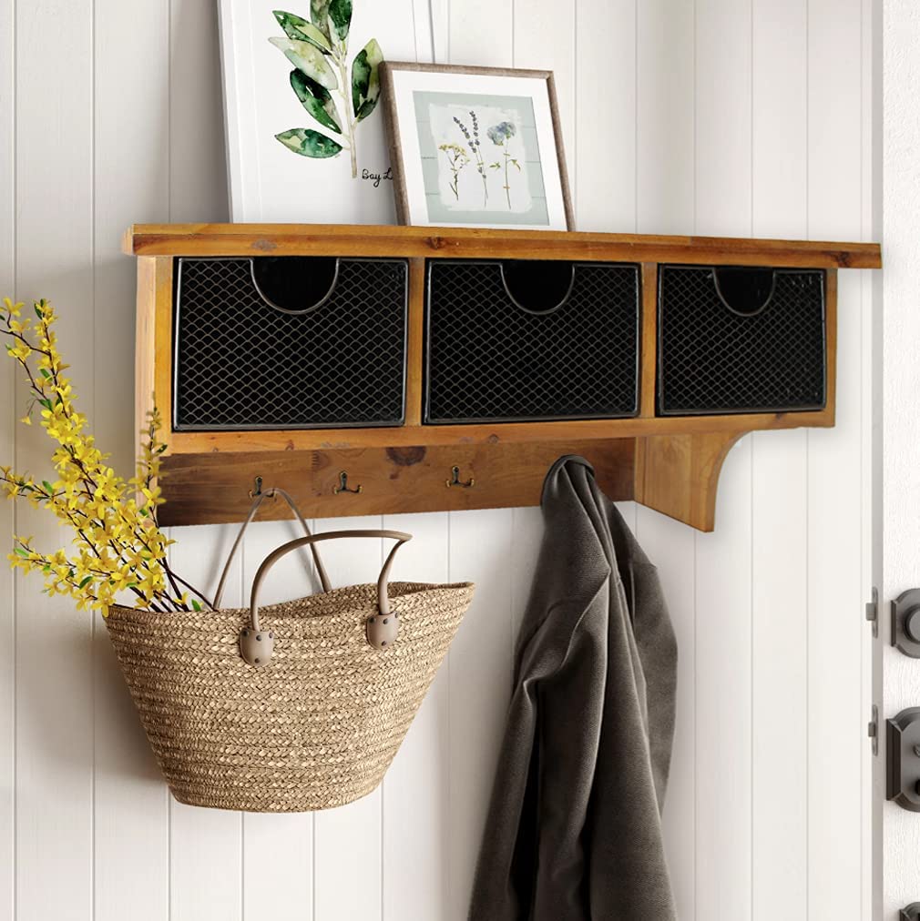 Brown Rustic Wooden Wall Shelf with 3 Drawers and Hooks By Homeroots - Image 7