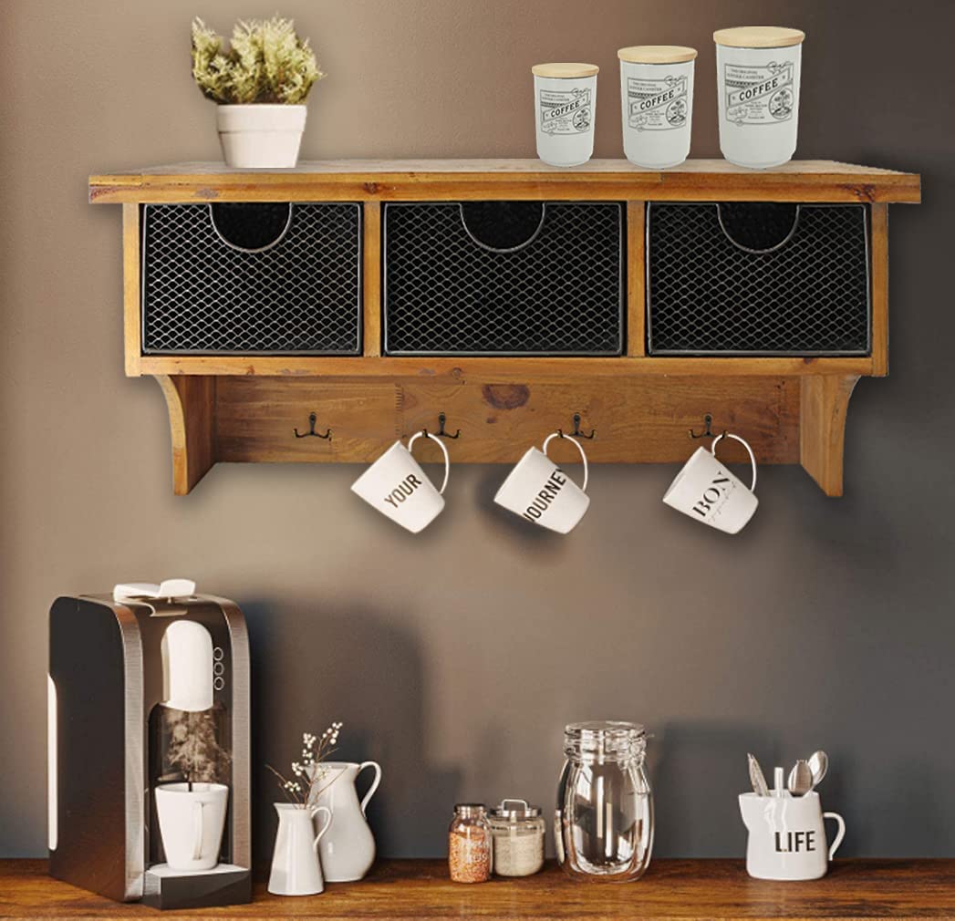 Brown Rustic Wooden Wall Shelf with 3 Drawers and Hooks By Homeroots - Image 8