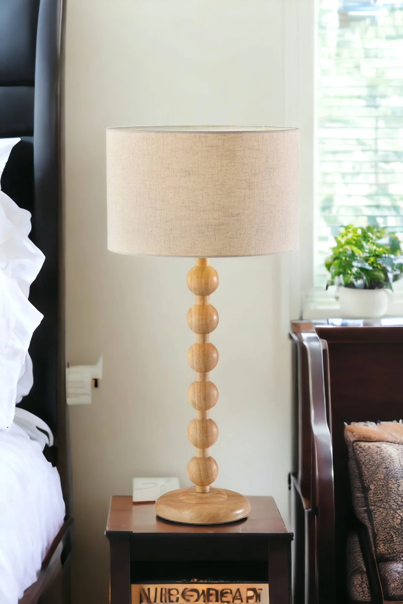 Brown Solid Wood Candlestick Table Lamp With Off White Drum Shade By Homeroots - Image 2