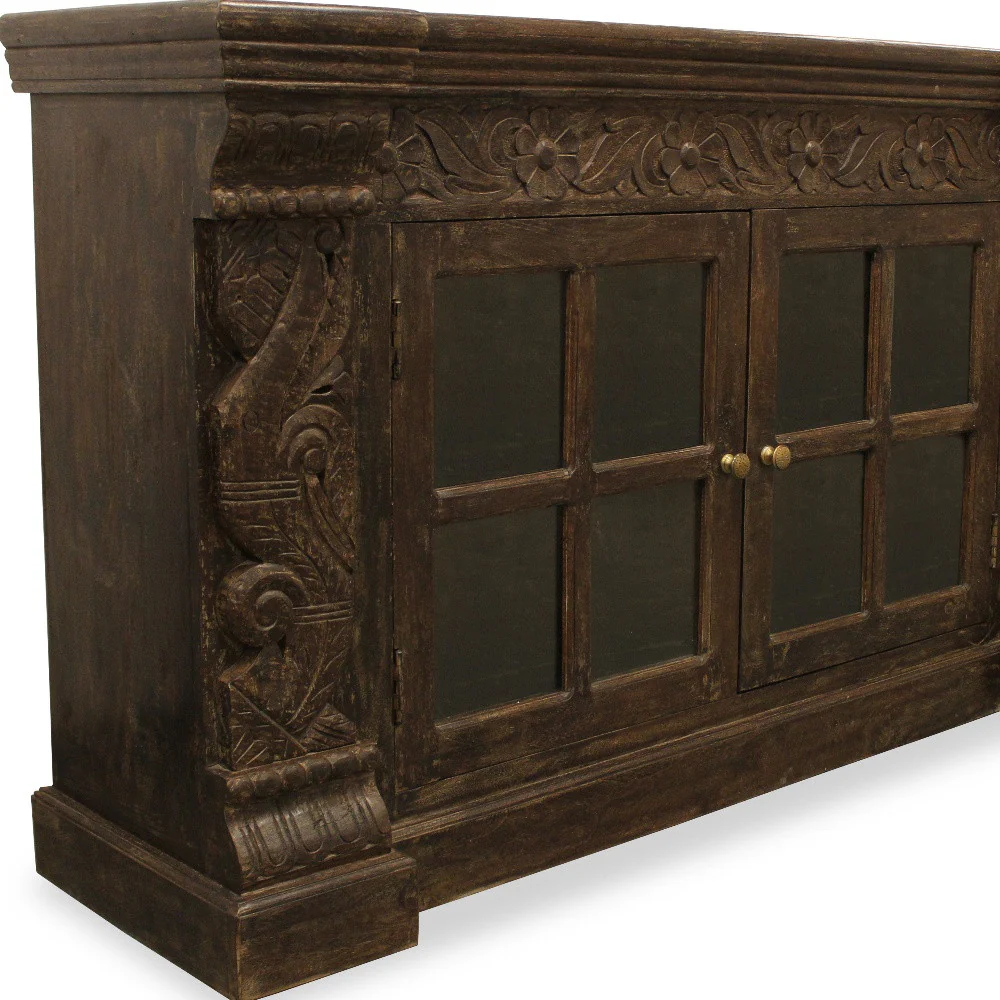 Brown Solid Wood Sideboard with Two Glass Doors By Homeroots - Image 2