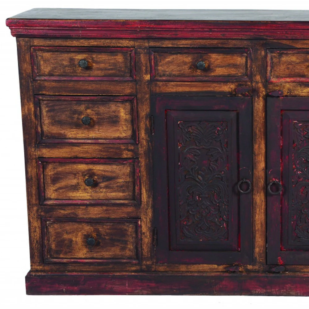 Brown Solid Wood Ten Drawer Buffet Table with Two Doors By Homeroots - Image 4